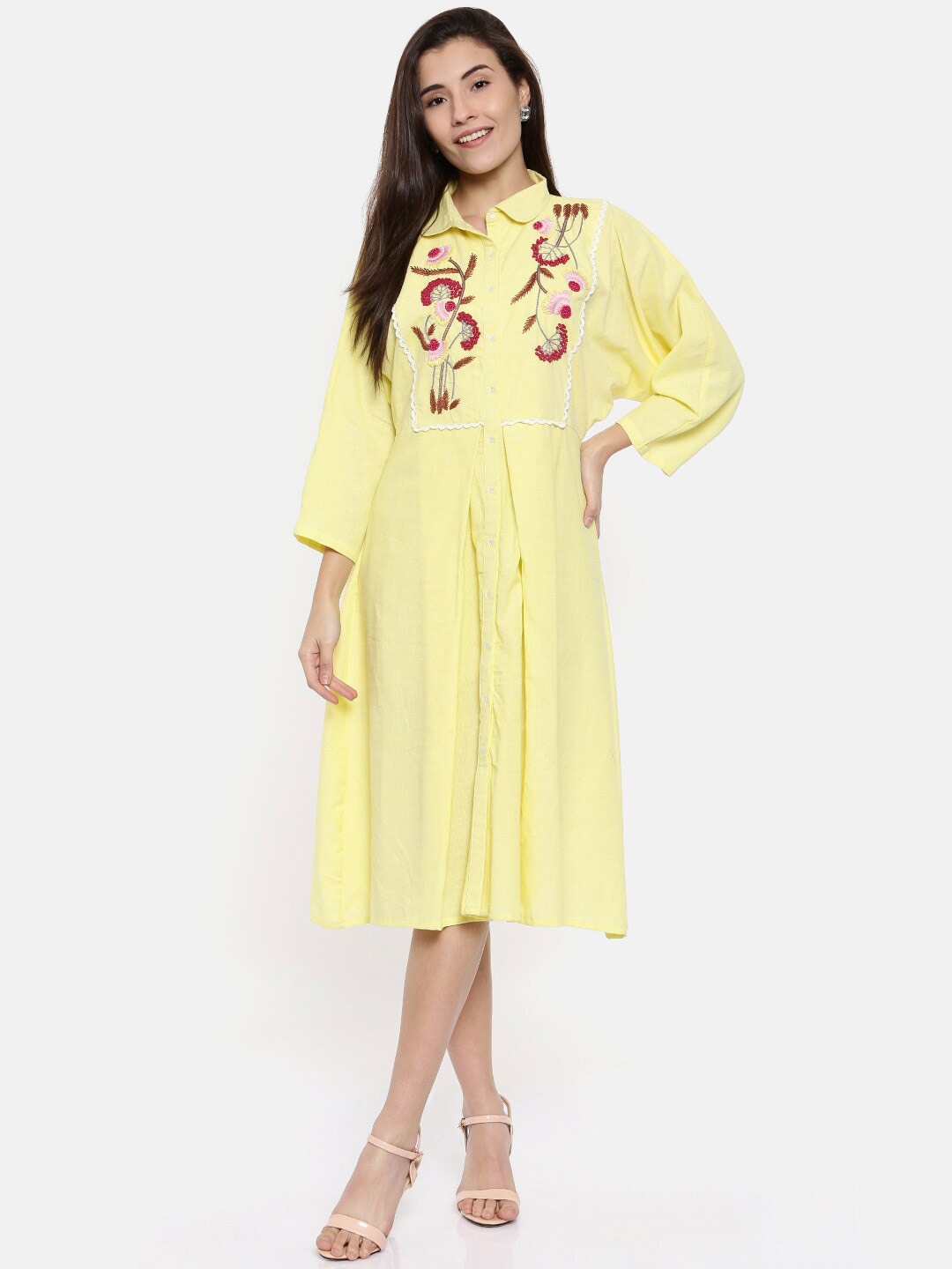 

The Kaftan Company Yellow Embroidered Peter Pan Collar Shirt Midi Dress