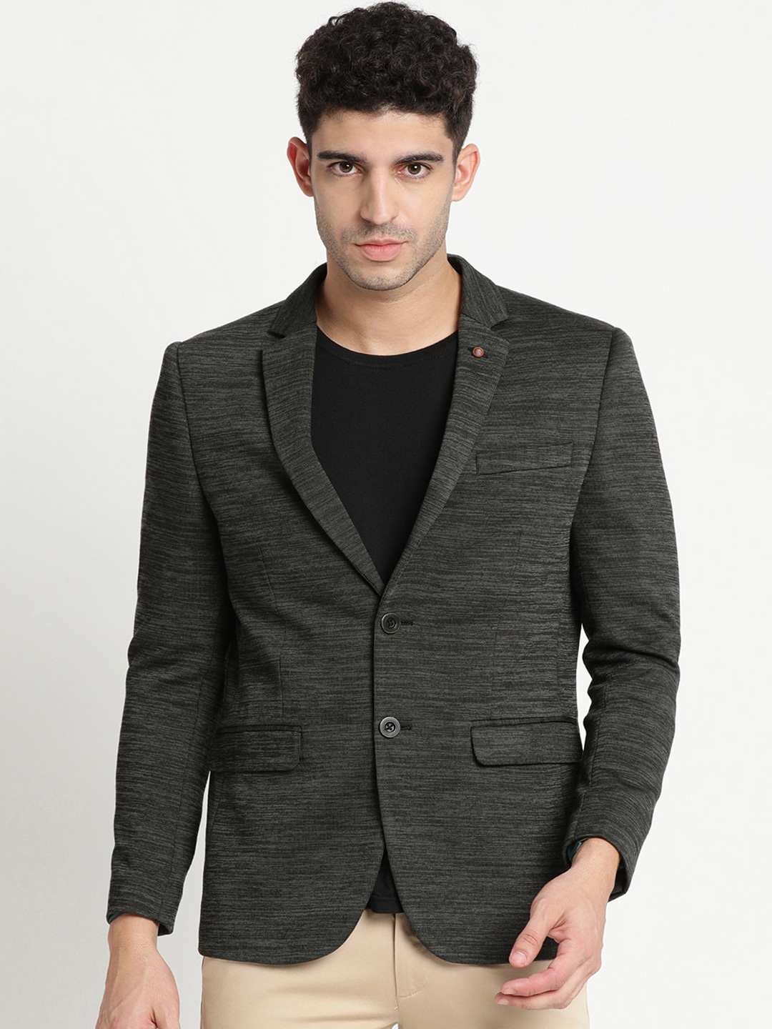 

Turtle Men Charcoal Grey Self-Design Single Breasted Blazer