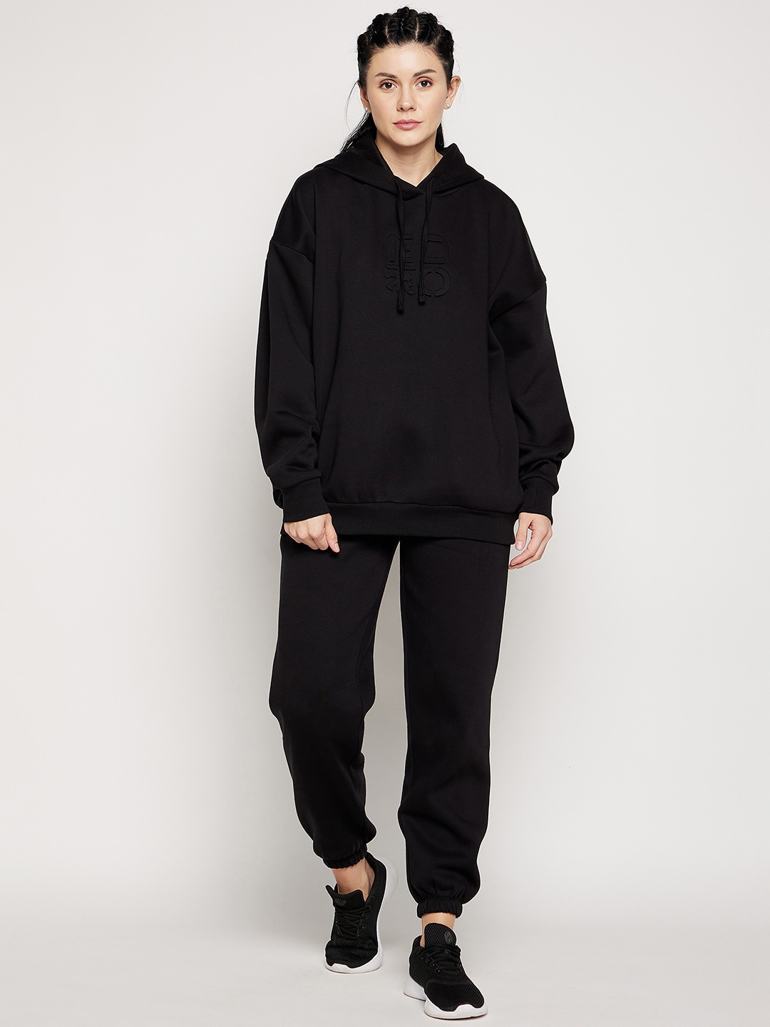 

EDRIO Women Black Solid Oversized Hooded Fleece Tracksuit