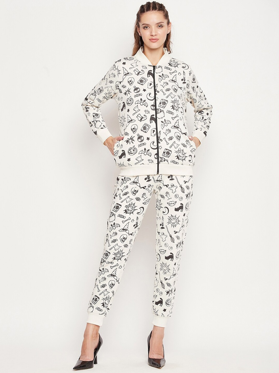 

EDRIO Women White & Black Printed High Neck Fleece Tracksuits