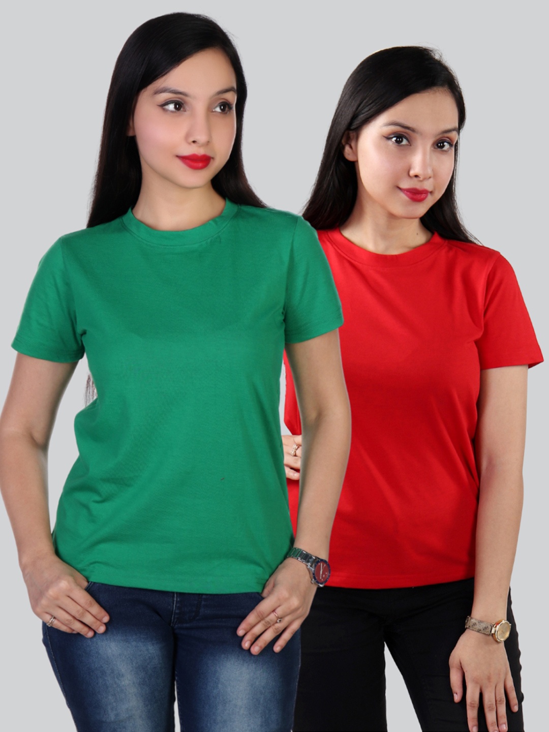 

The Label Bar Women Green & Red Pack Of 2 Cotton T-shirts