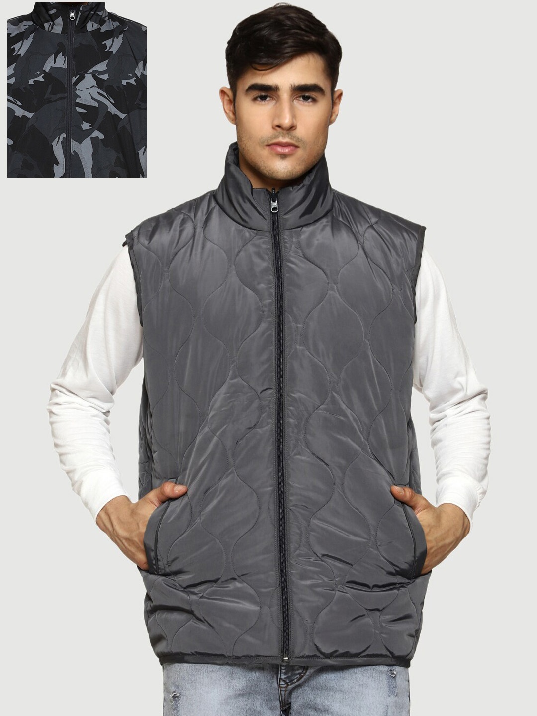 

CL SPORT Men Grey Black Camouflage Reversible Tailored Jacket