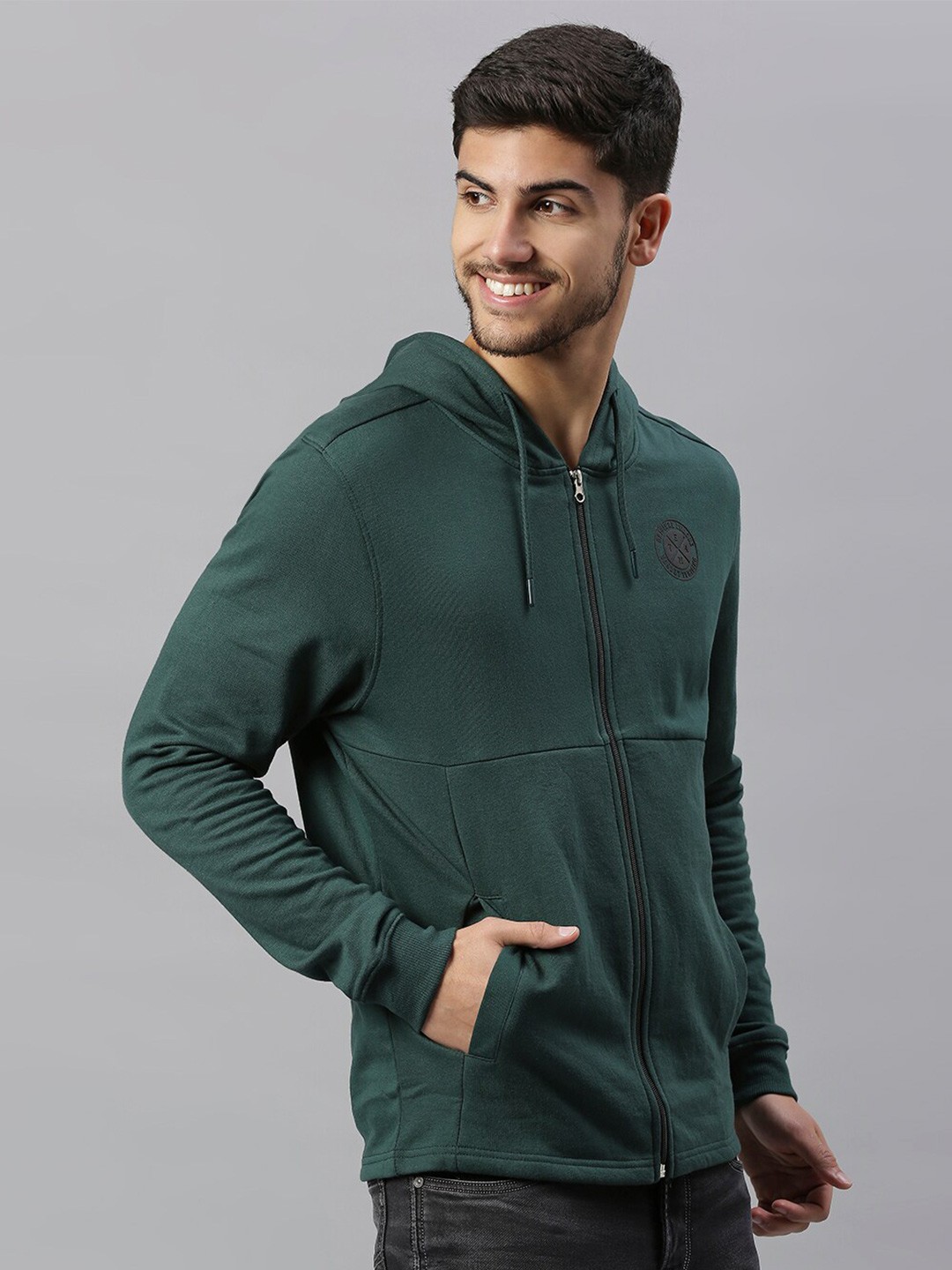 

Dennis Lingo Men Green Solid Cotton Hooded Front-Open Sweatshirt