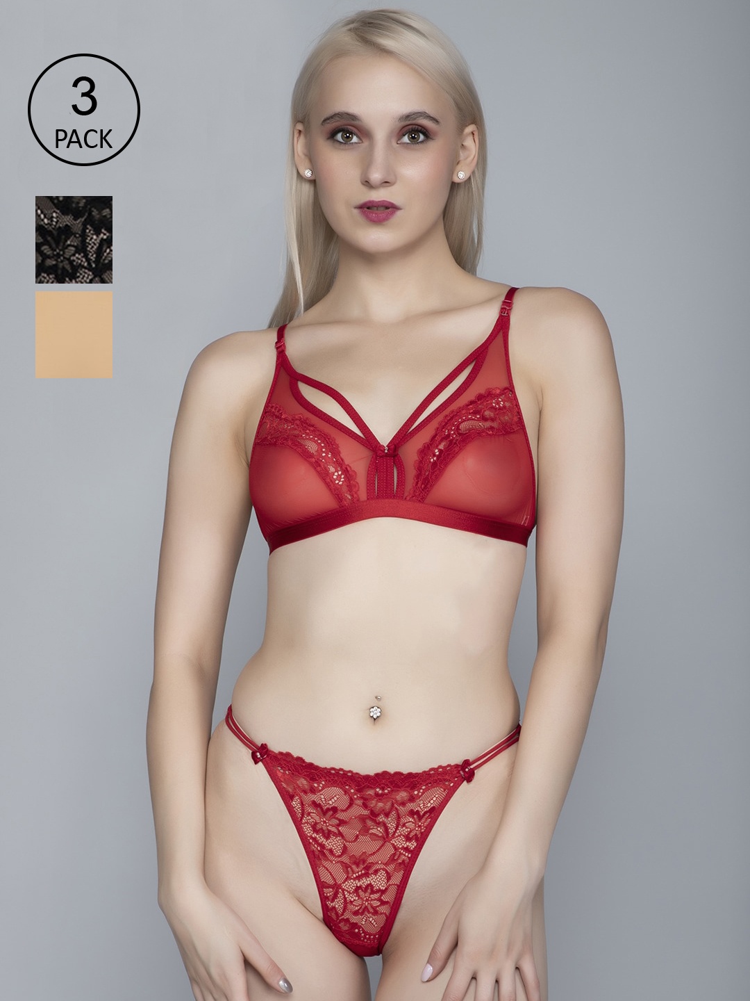 

FIMS Women Pack Of 3 Self Design Cotton Lingerie Set, Red
