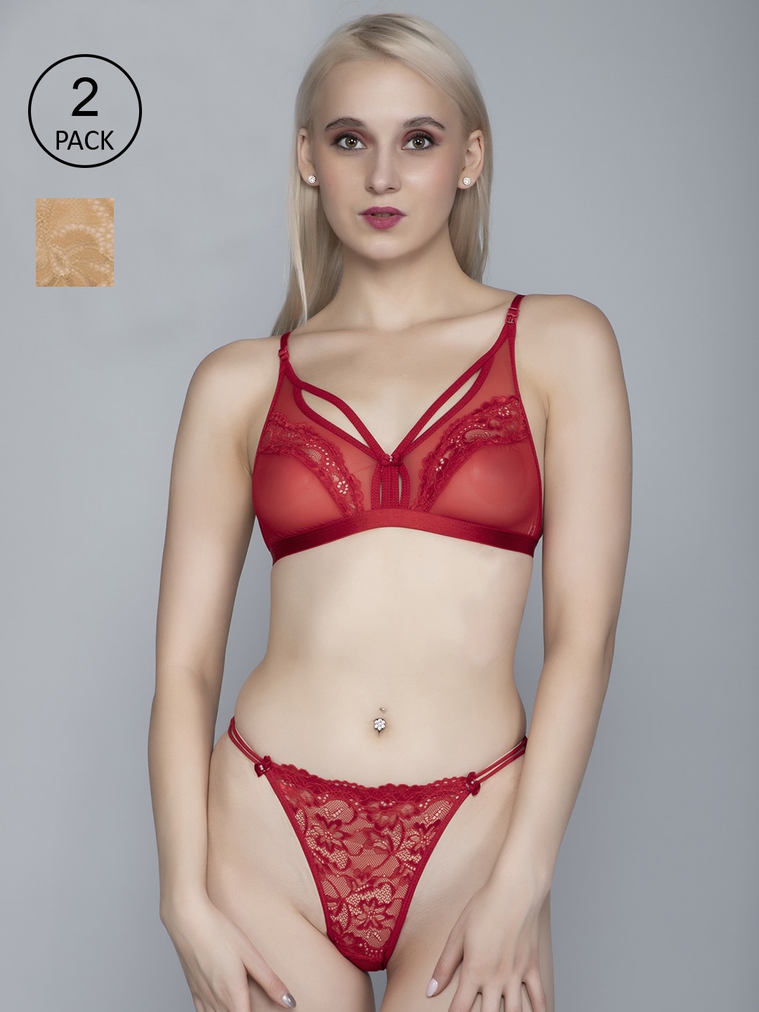 

FIMS Women Pack Of 2 Red & Beige Self Design Cotton Lingerie Set