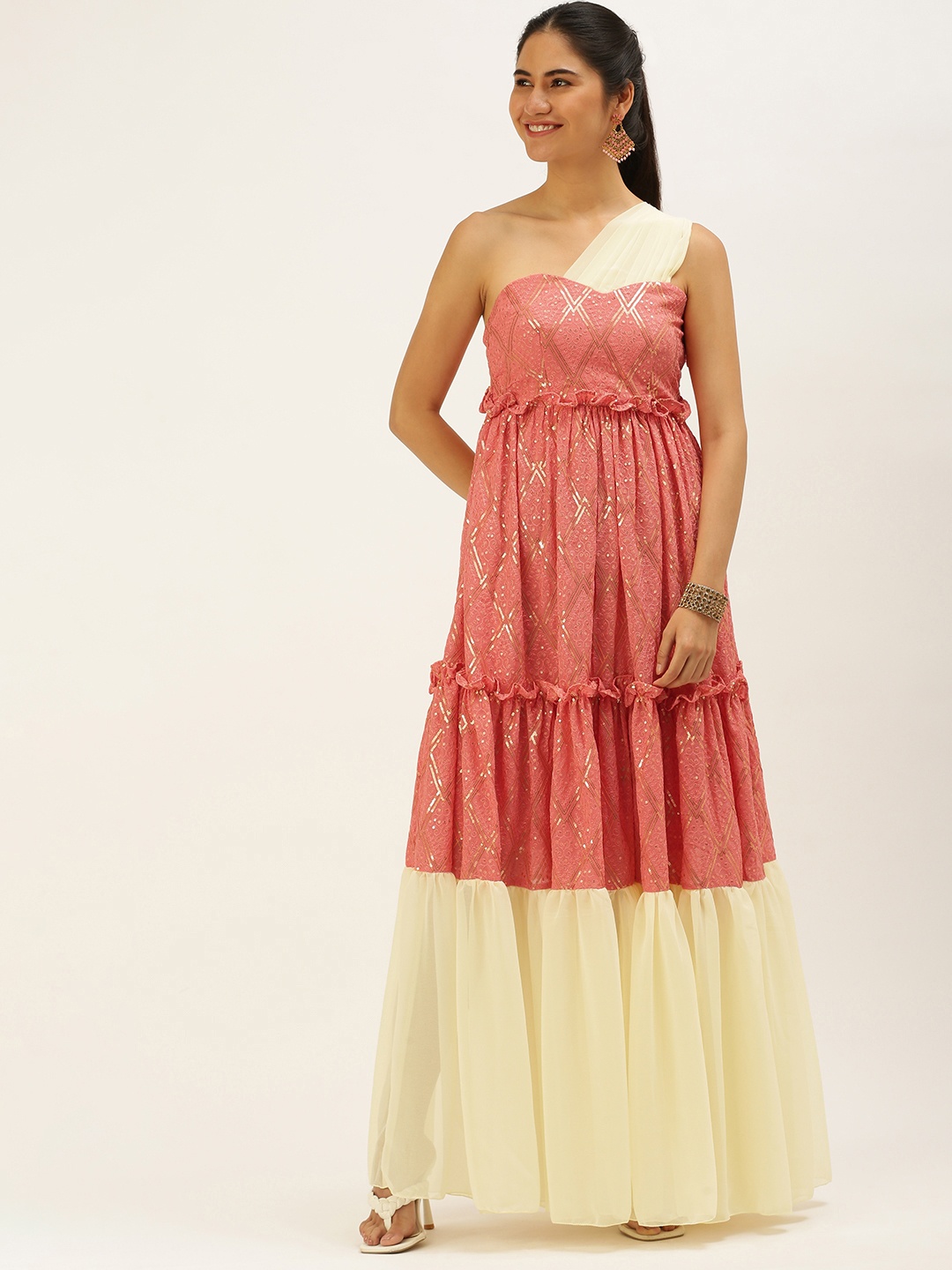 

Ethnovog Peach-Coloured Embroidered One Shoulder Georgette Ethnic Maxi Dress