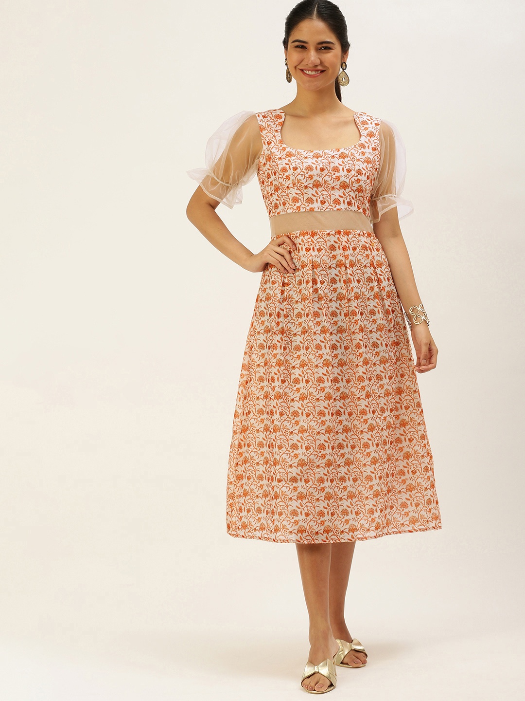 

Ethnovog White Orange Floral Print Ethnic A-Line Midi Dress
