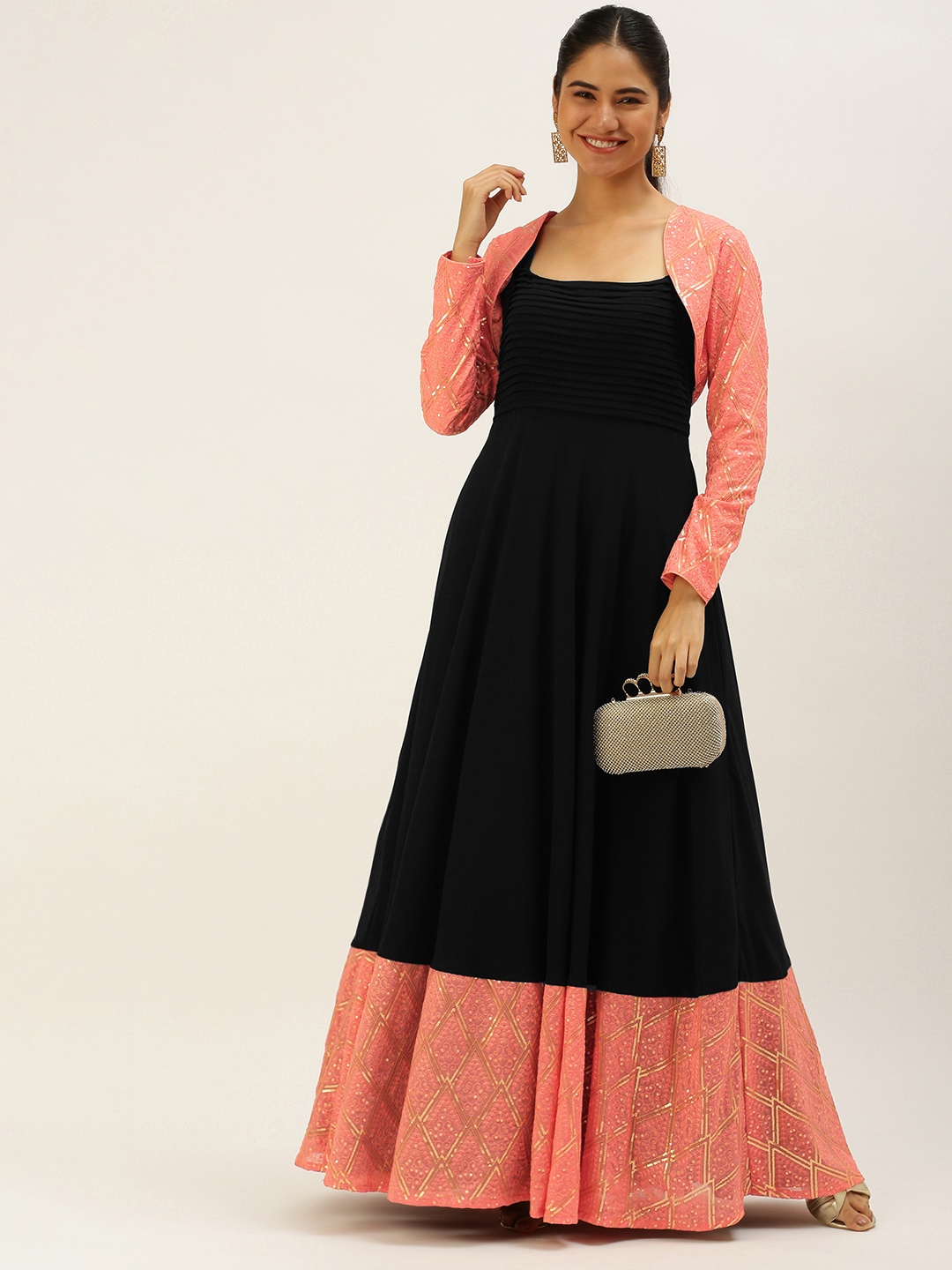 

Ethnovog Black Peach-Coloured Georgette Maxi Dress with Ethnic Jacket