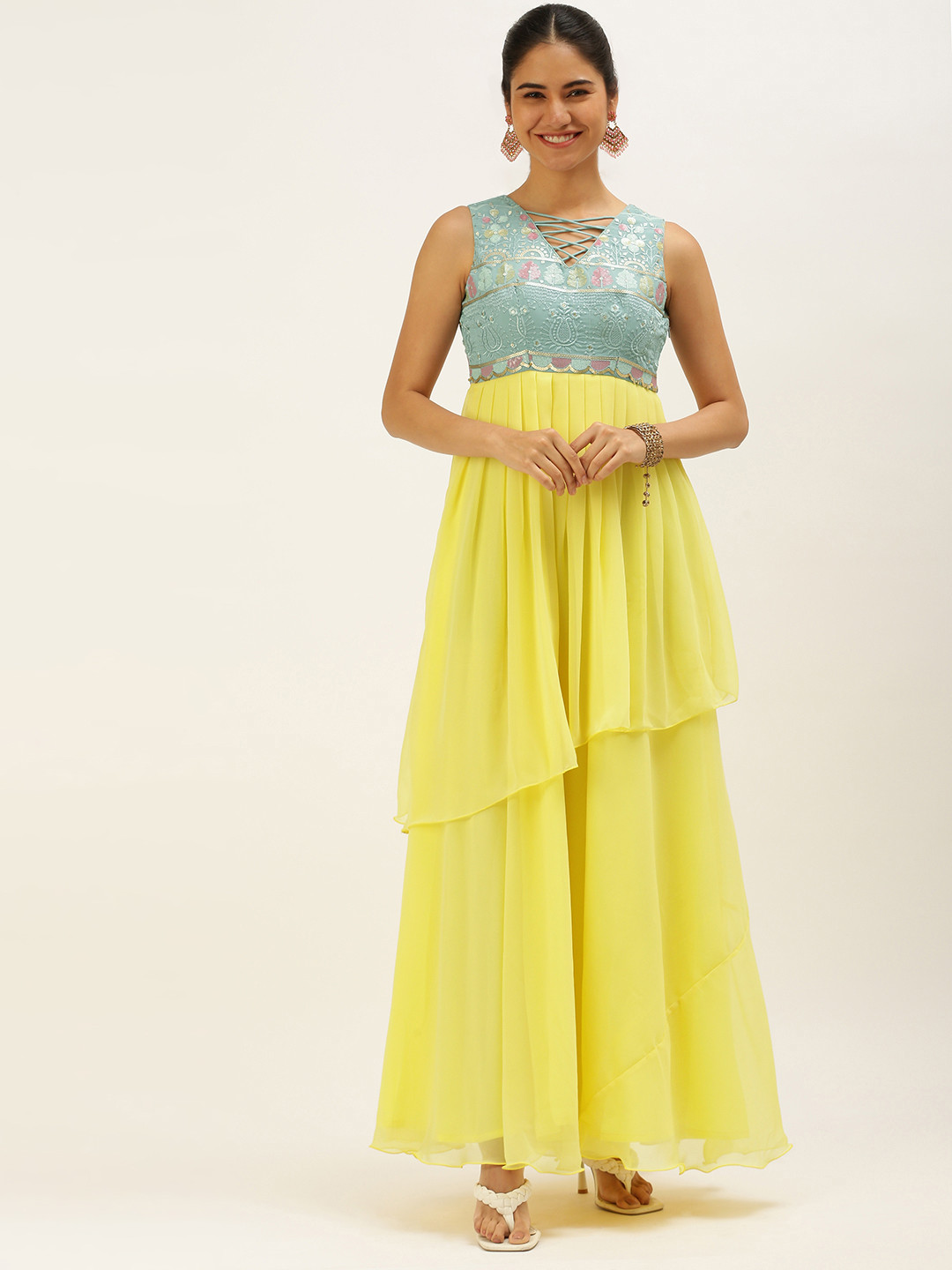 

Ethnovog Yellow Blue Embroidered Layered Georgette Ethnic Maxi Dress