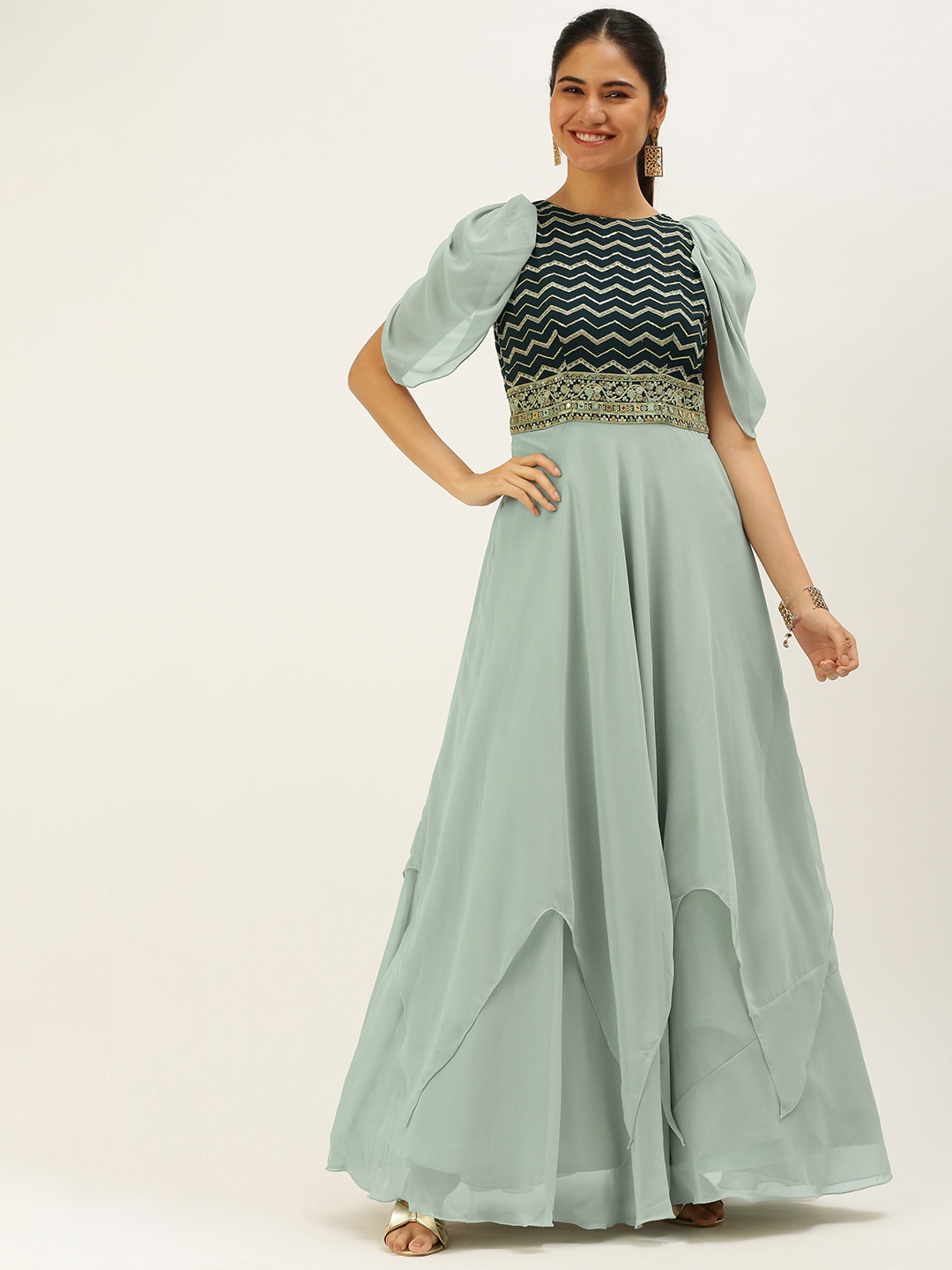 

Ethnovog Sea Green Embroidered Georgette Ethnic Maxi Dress