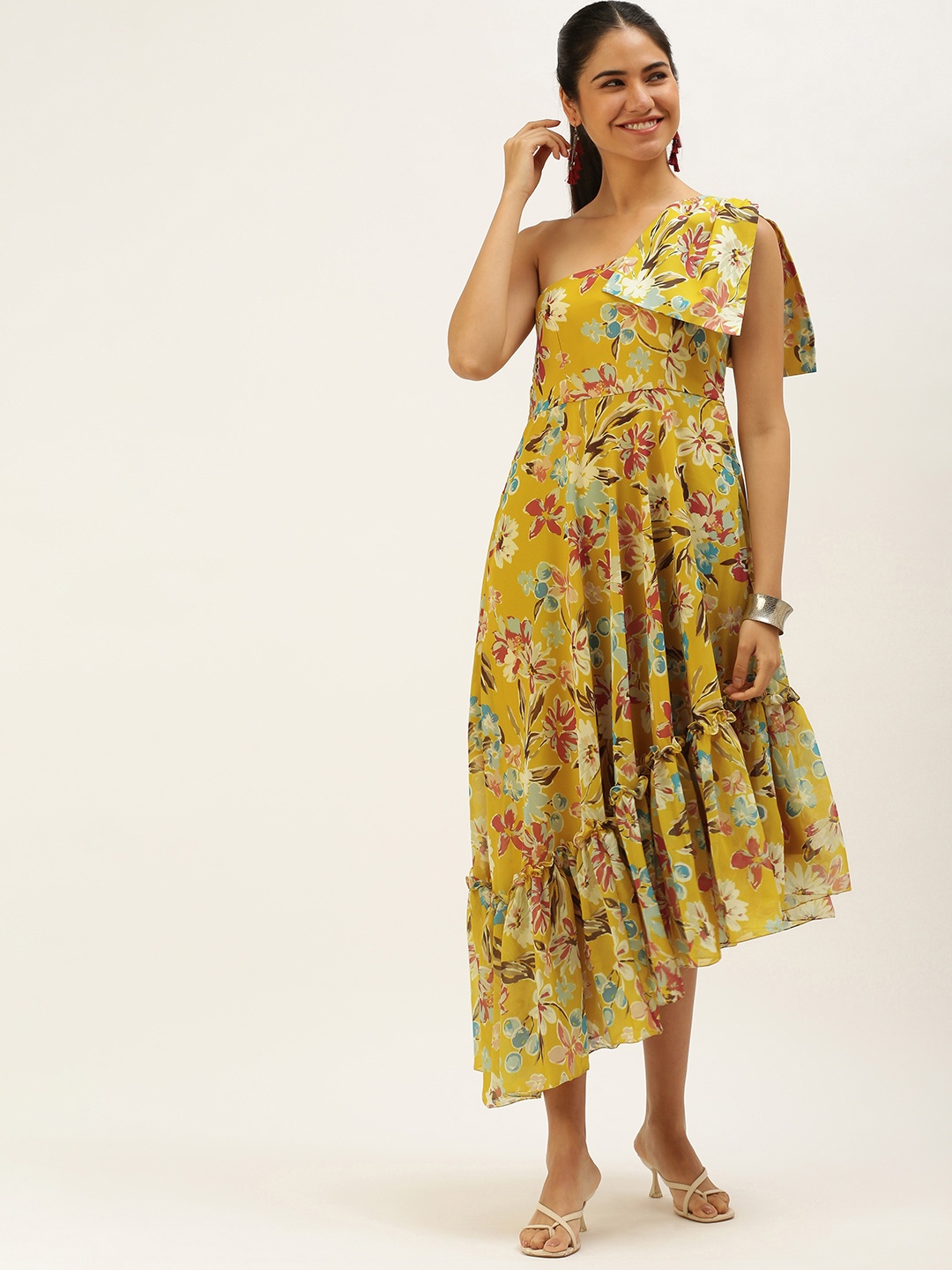 

Ethnovog Mustard Yellow Floral Print One Shoulder Georgette A-Line Midi Dress