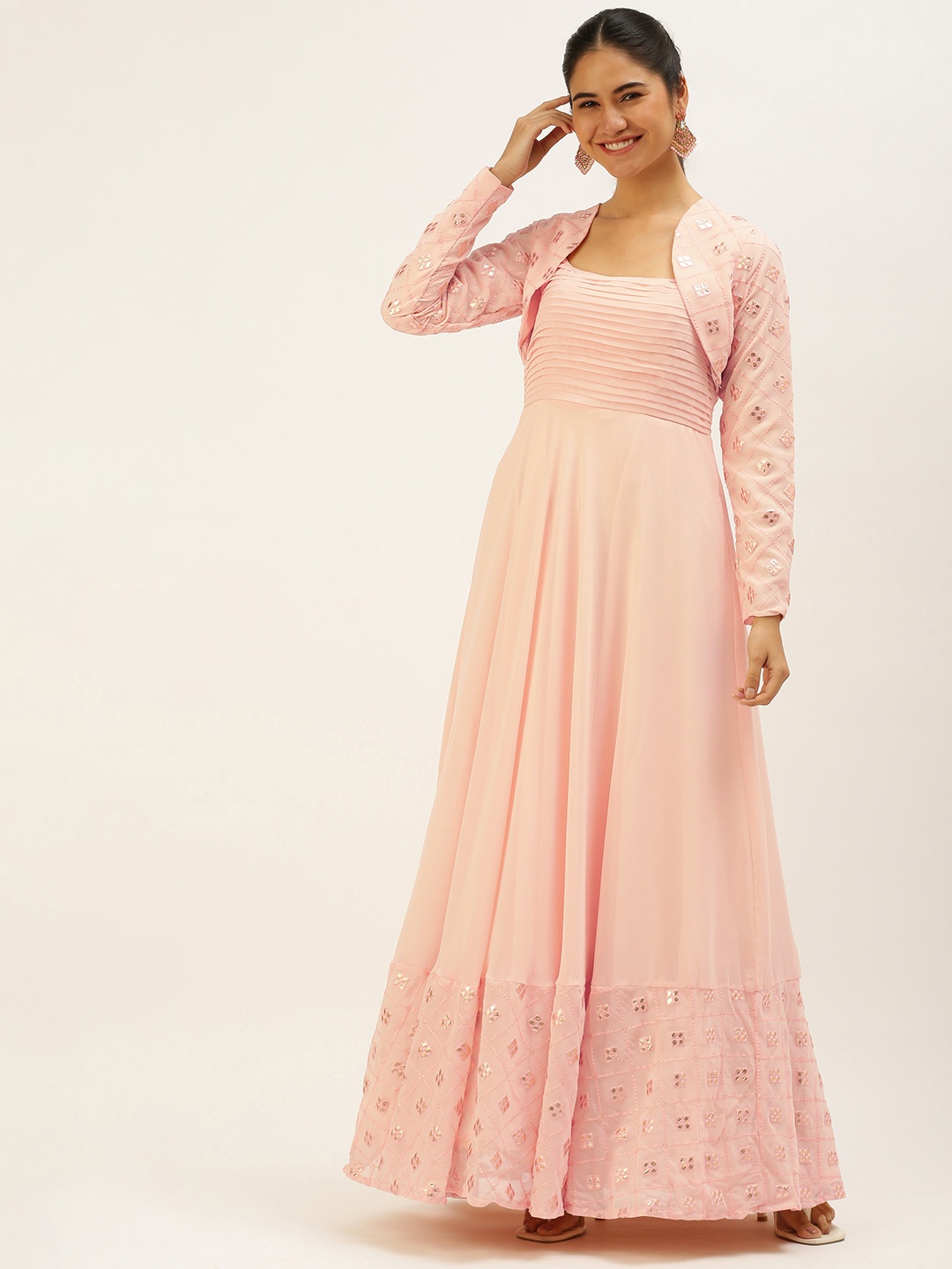 

Ethnovog Peach-Coloured Georgette Maxi Dress with Ethnic Jacket