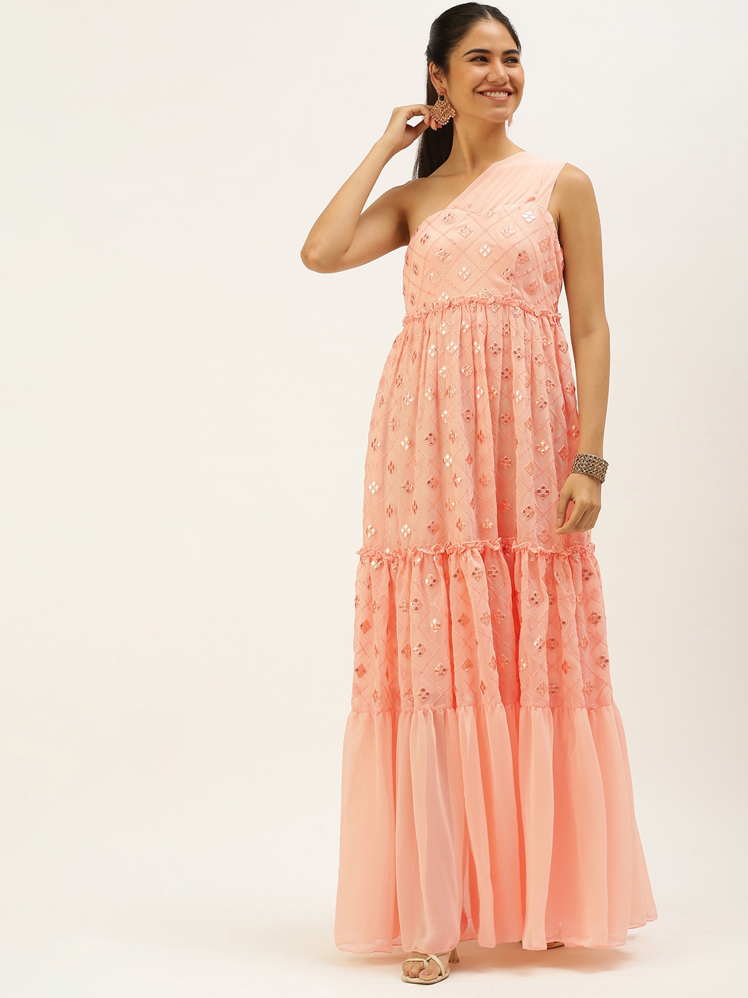 

Ethnovog Peach-Coloured Embroidered One Shoulder Georgette Ethnic Maxi Dress