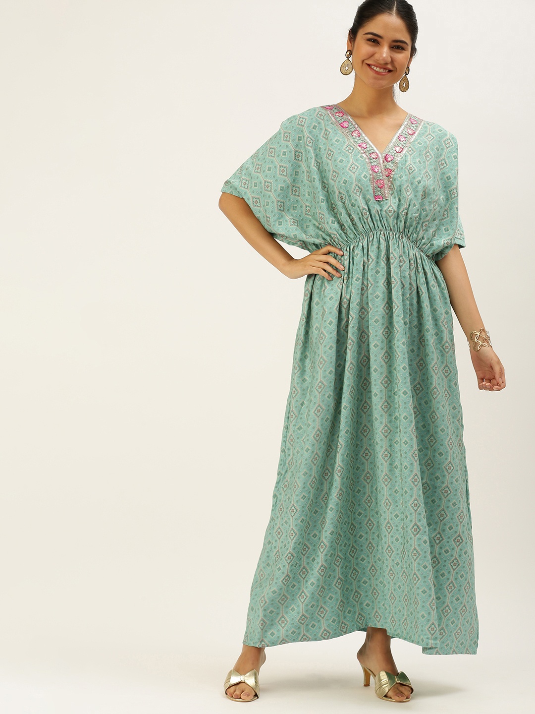 

Ethnovog Sea Green Ethnic Motifs Print Satin Finish Kaftan Maxi Dress