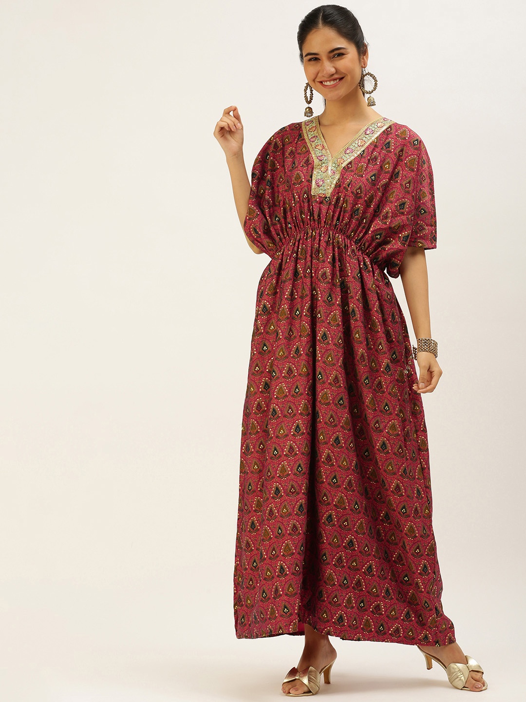 

Ethnovog Pink Chanderi Art Silk Ethnic Motifs Print Kaftan Maxi Dress