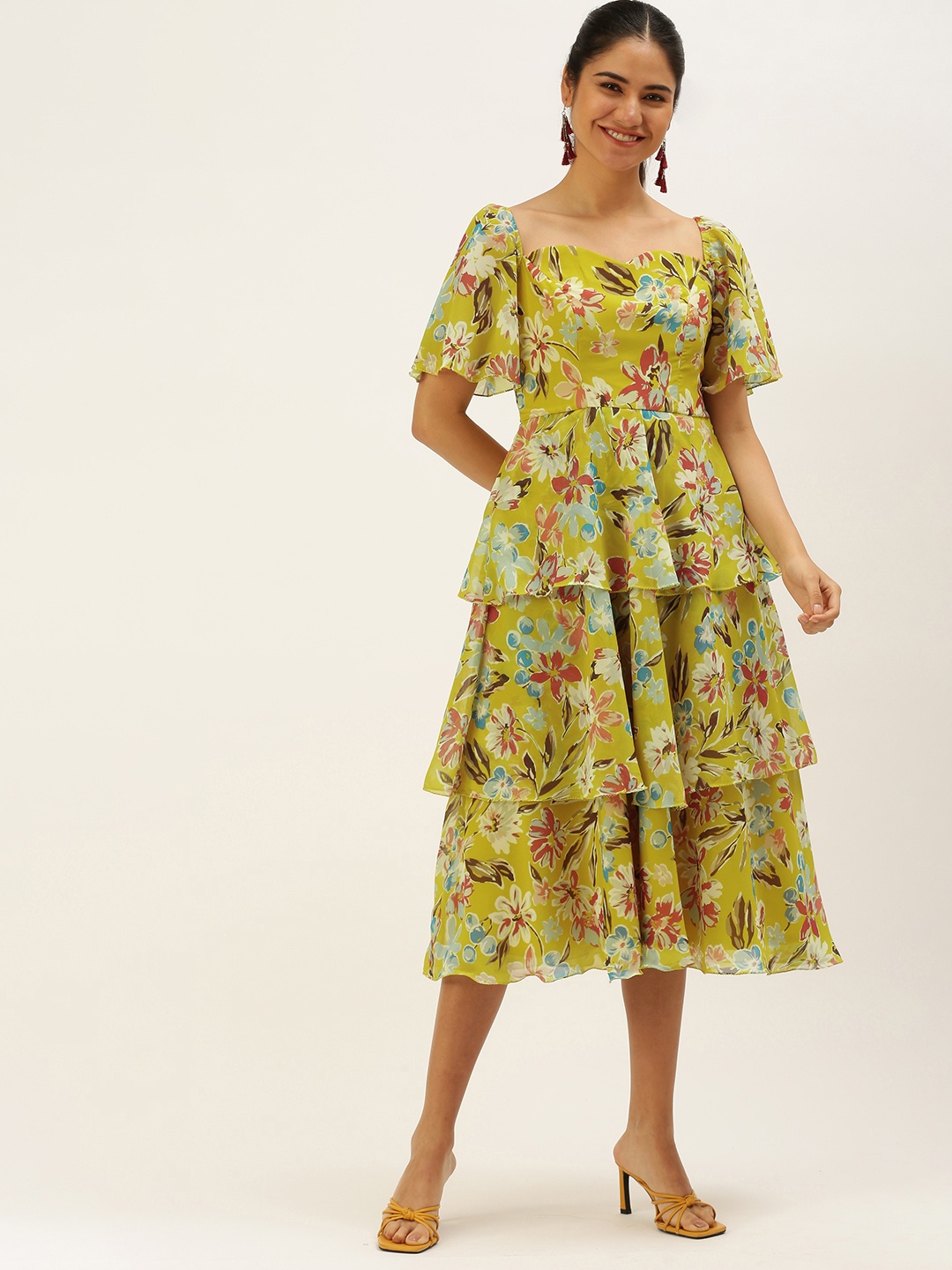 

Ethnovog Lime Green Floral Print Layered Georgette Dress