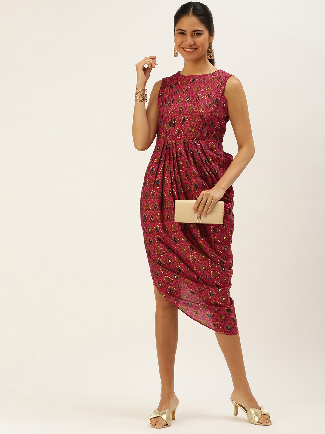 

EthnoVogue Pink & Red Ethnic Motifs Print Chanderi Art Silk Asymmetric Sheath Dress
