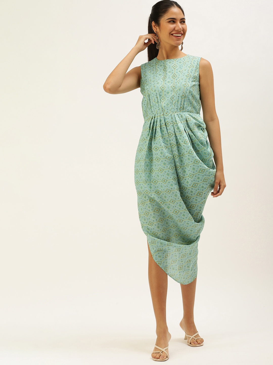 

EthnoVogue Sea Green Printed Satin Finish Sheath Dress
