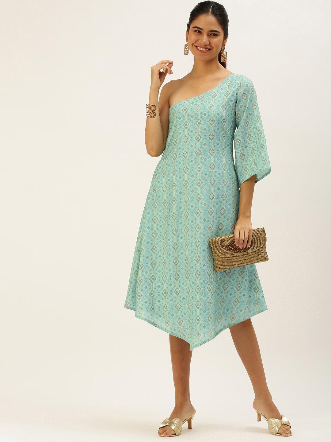 

Ethnovog Blue Ethnic Motifs Print Satin Finish One Shoulder Dress
