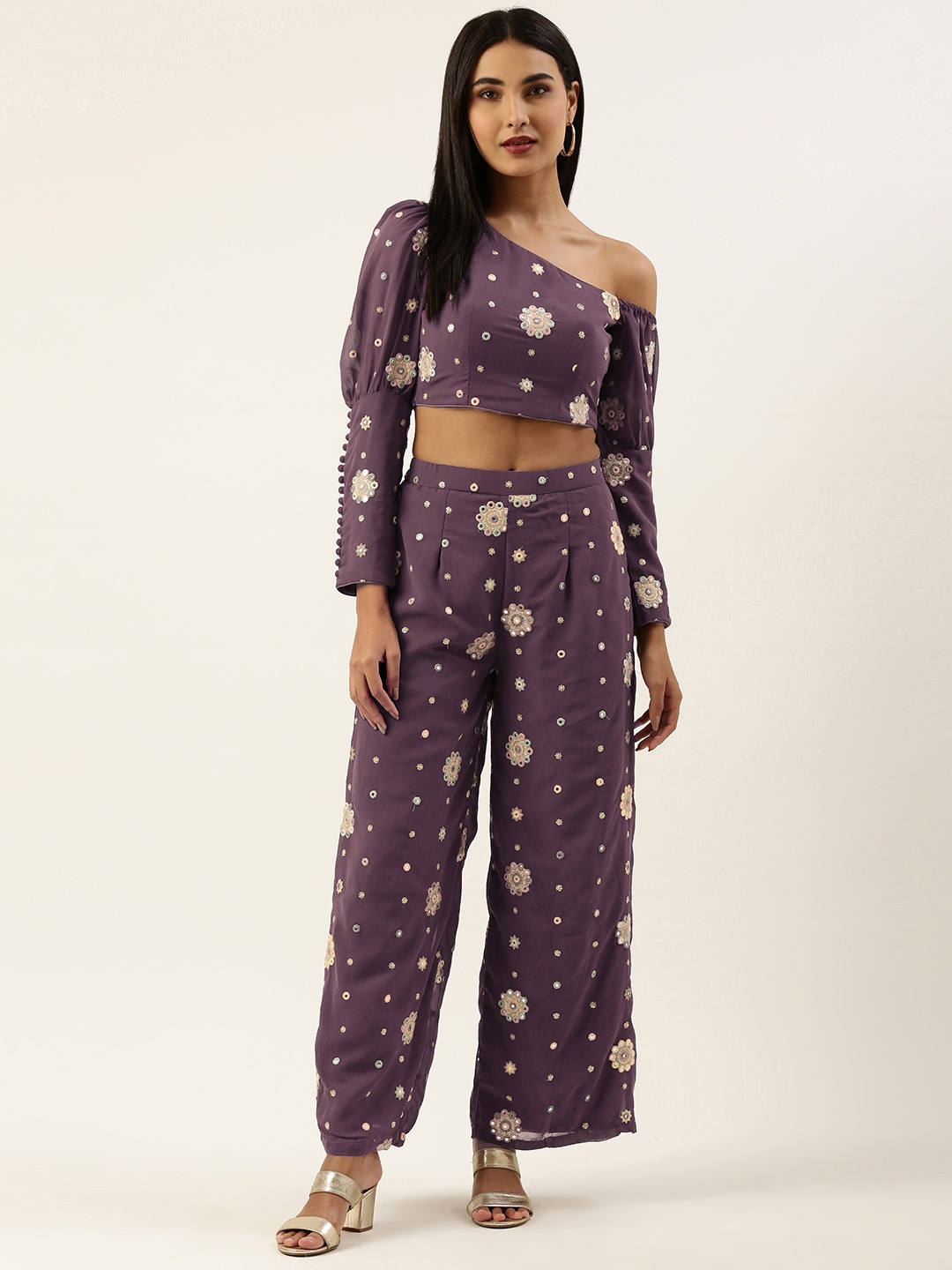 

Ethnovog Purple Georgette Floral Embroidered Co-ords Set