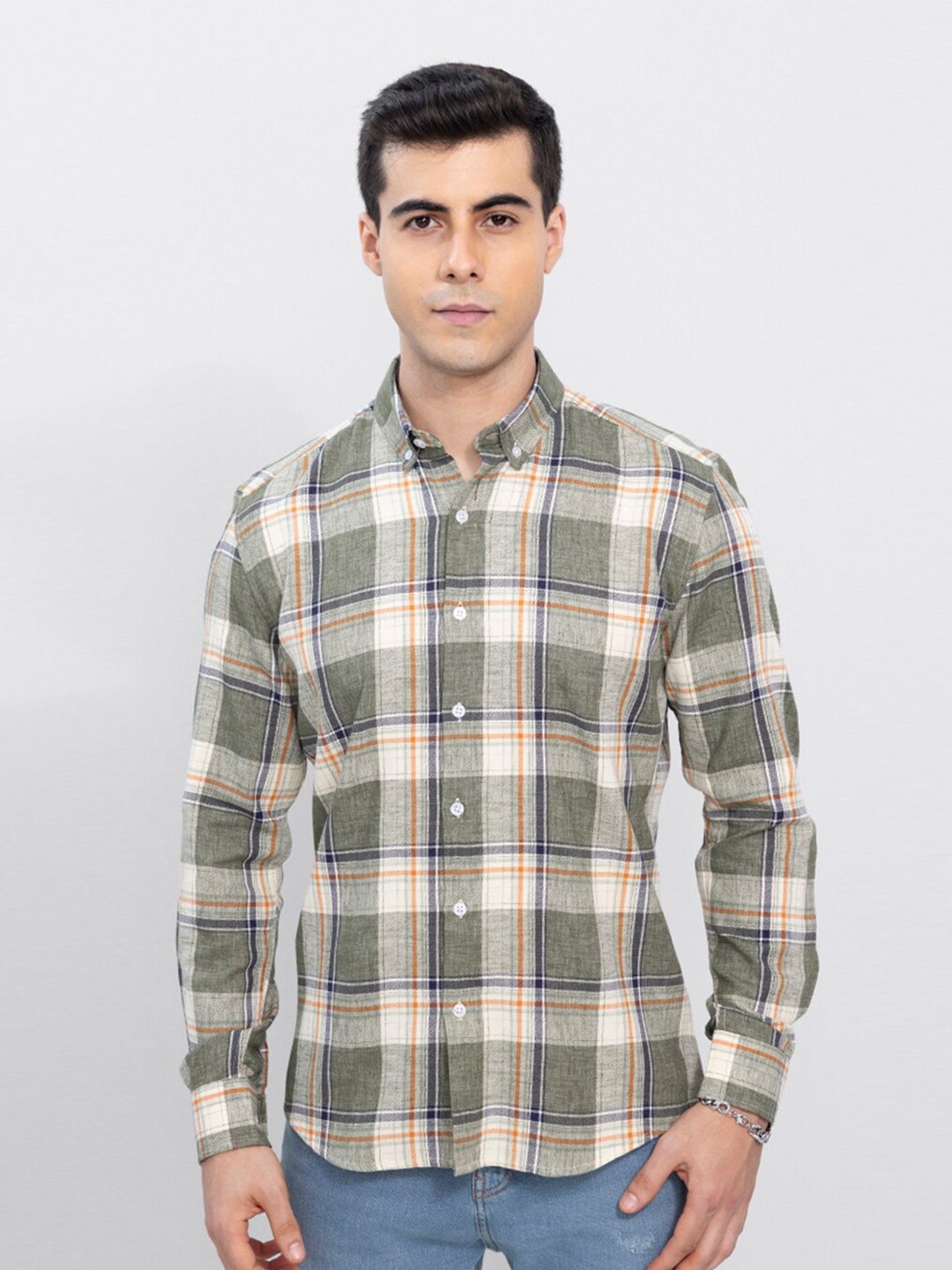 

Snitch Men Green & White Checked Cotton Casual Shirt