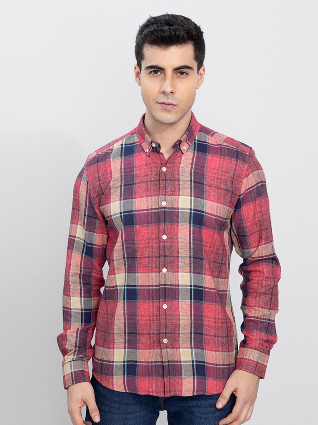 

Snitch Men Red Slim Fit Tartan Checks Checked Casual Shirt