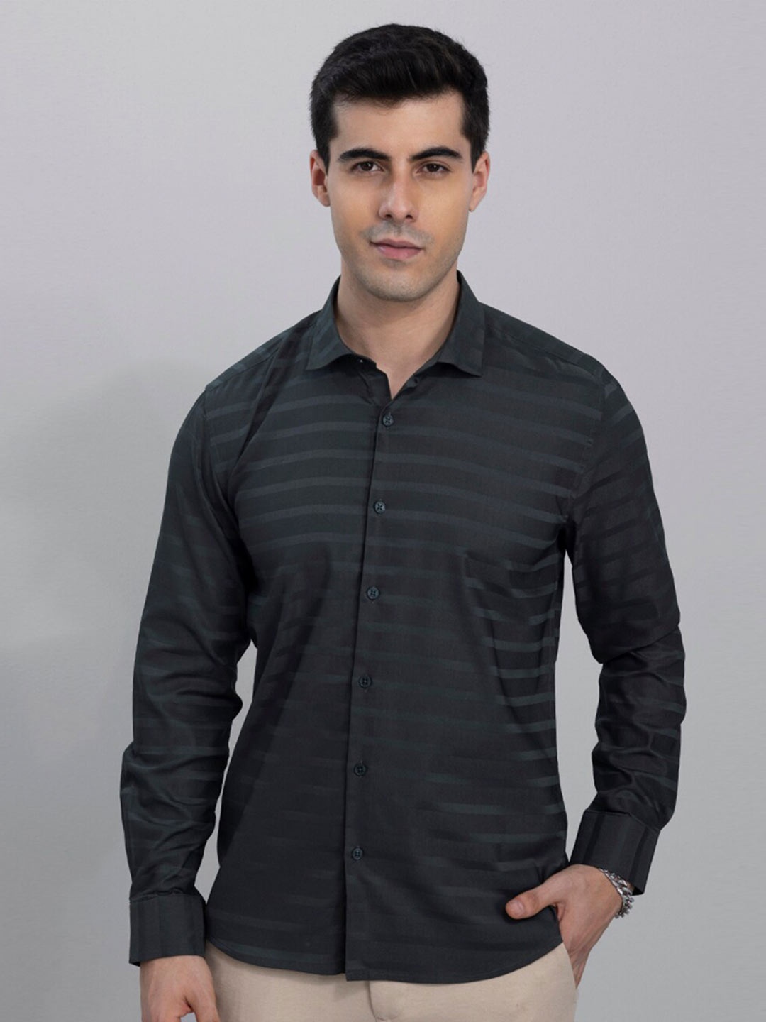 

Snitch Men Black & Charcoal Stripes Cotton Casual Shirt