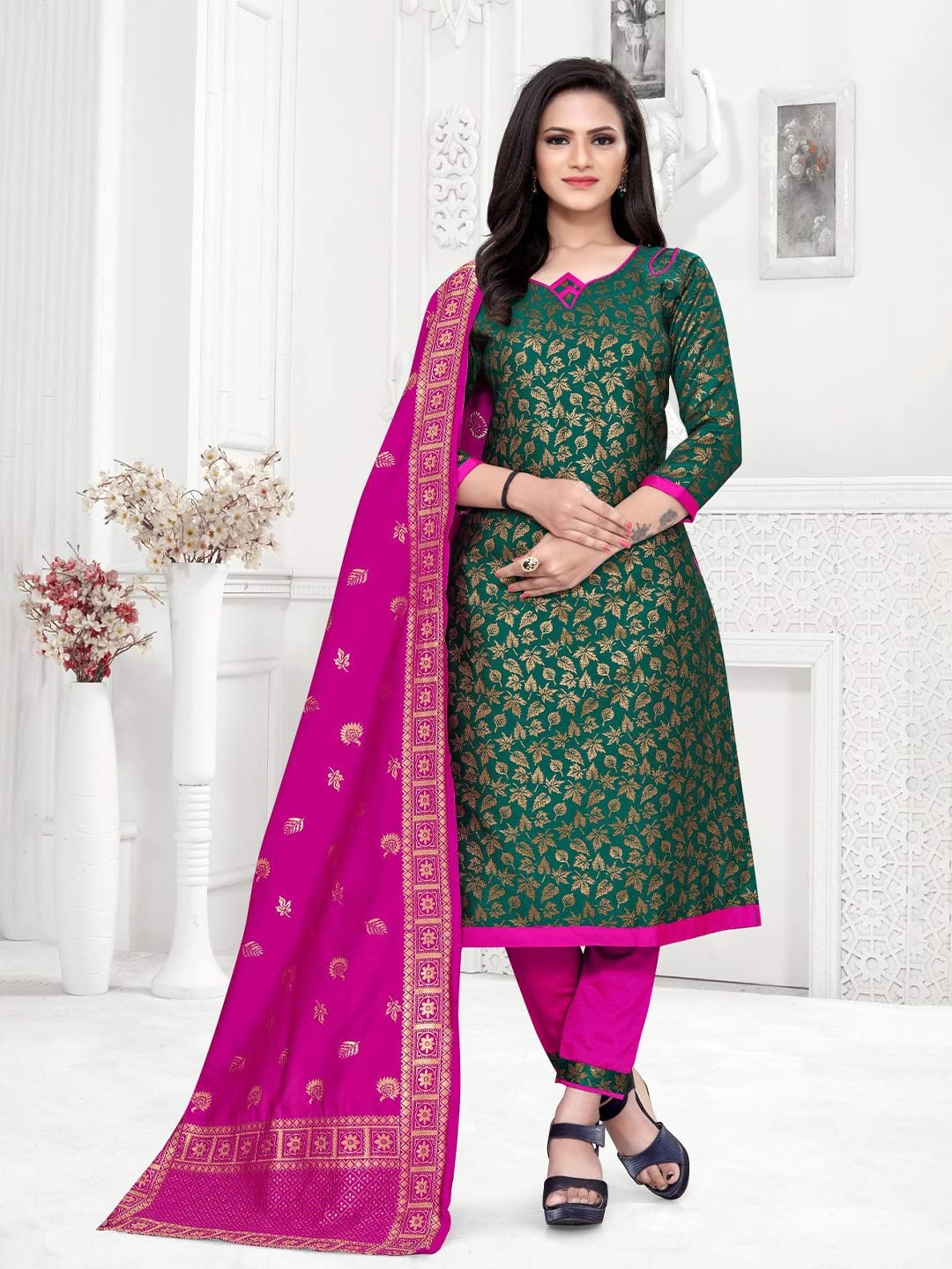 

MORLY Green & Pink Dupion Silk Banarasi Unstitched Dress Material