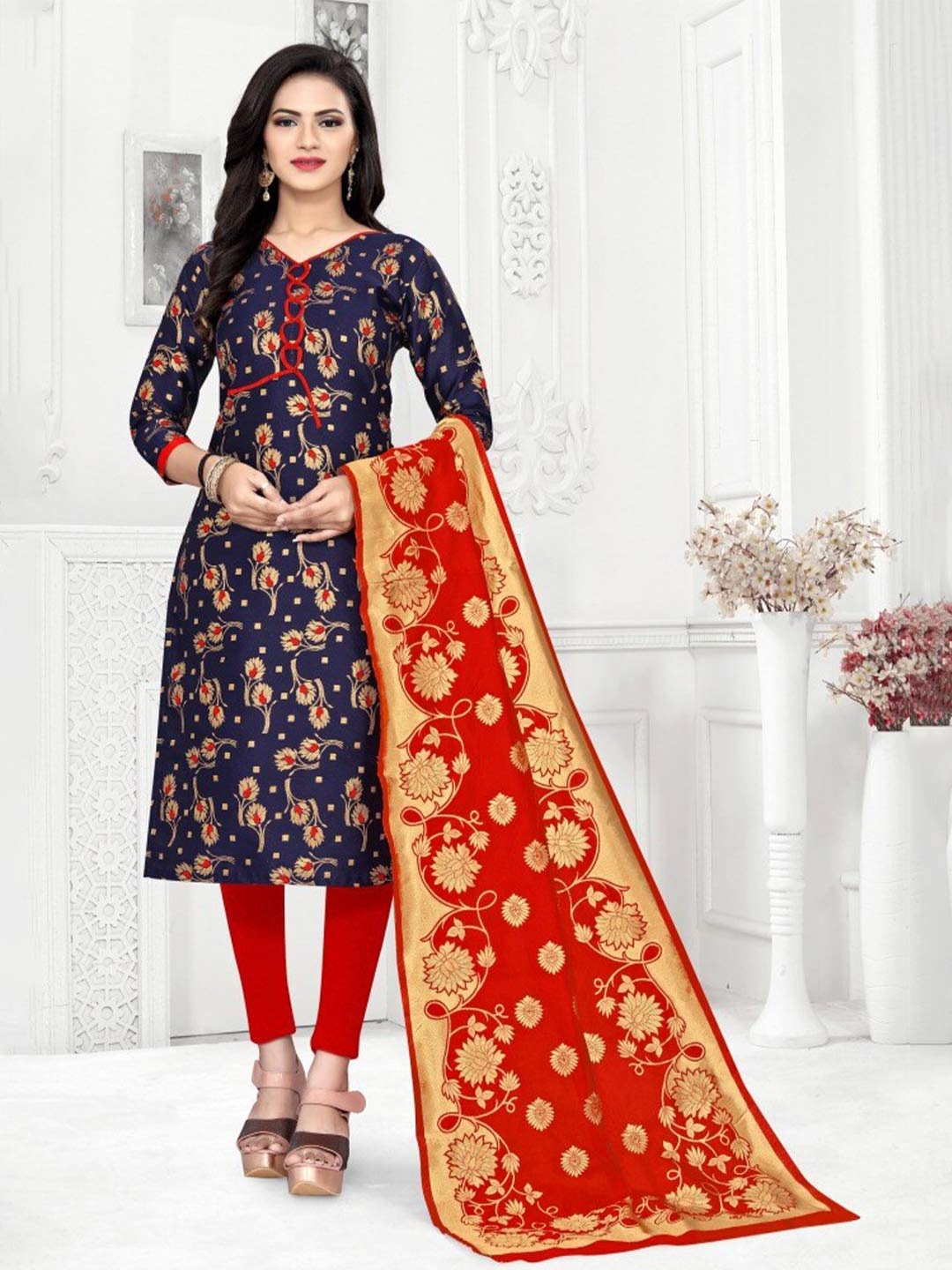 

MORLY Navy Blue & Red Dupion Silk Banarasi Unstitched Dress Material