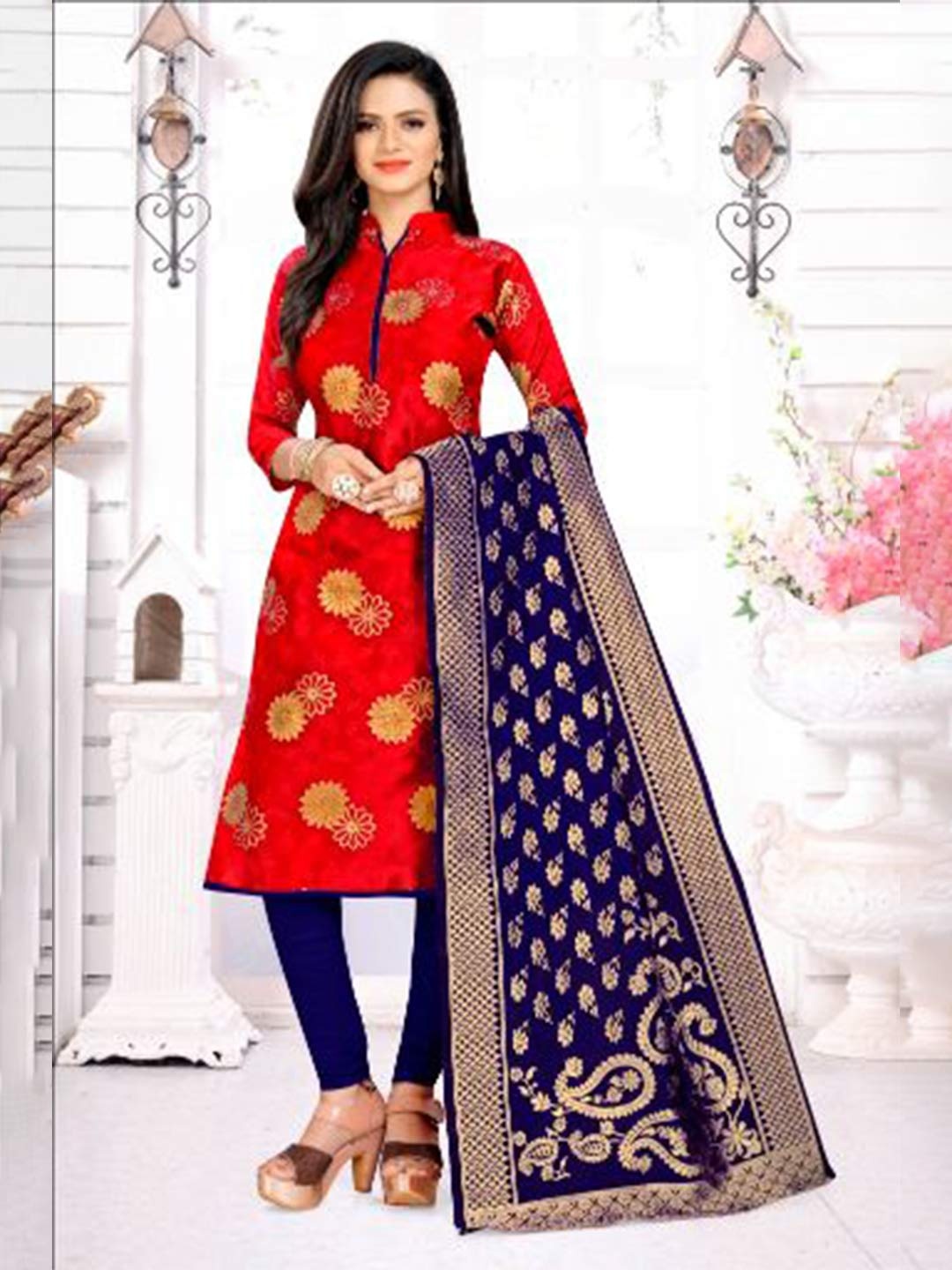 

MORLY Red & Blue Dupion Silk Banarasi Unstitched Dress Material