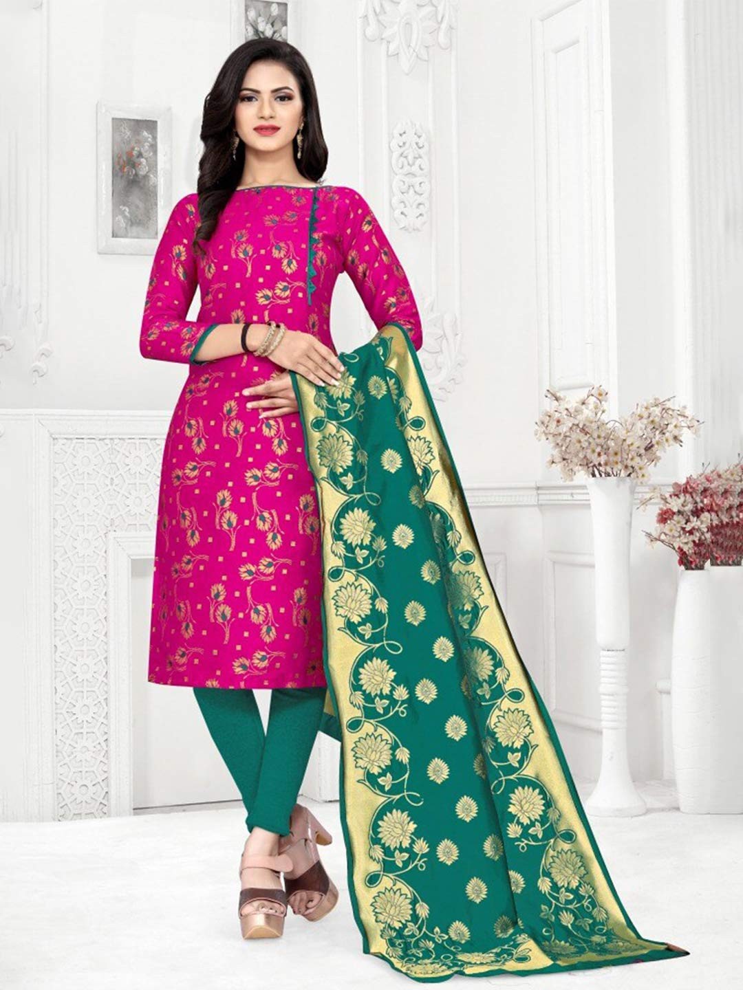 

MORLY Pink & Green Dupion Silk Banarasi Unstitched Dress Material