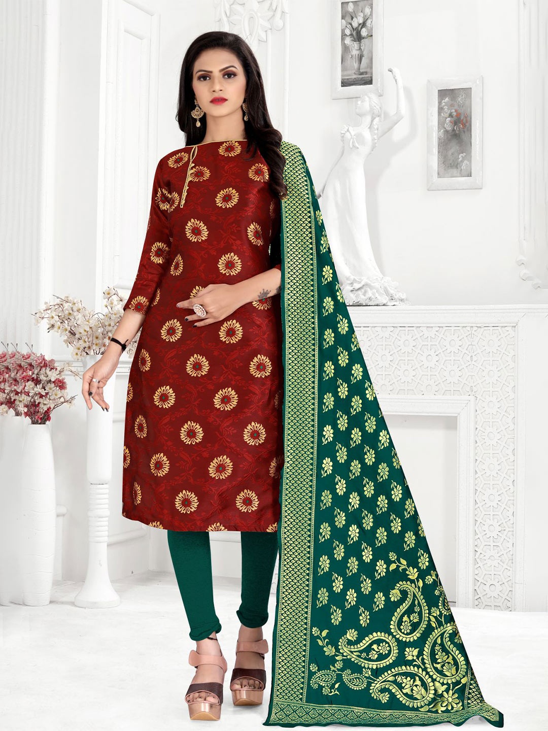 

MORLY Maroon & Green Dupion Silk Banarasi Unstitched Dress Material