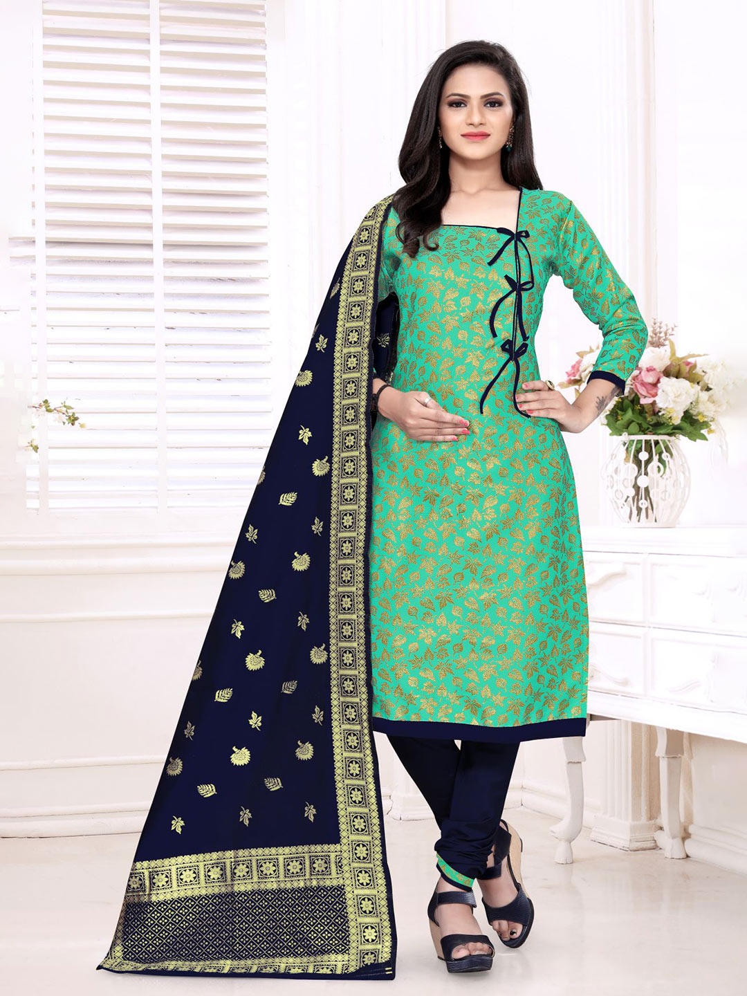 

MORLY Sea Green & Navy Blue Dupion Silk Banarasi Unstitched Dress Material