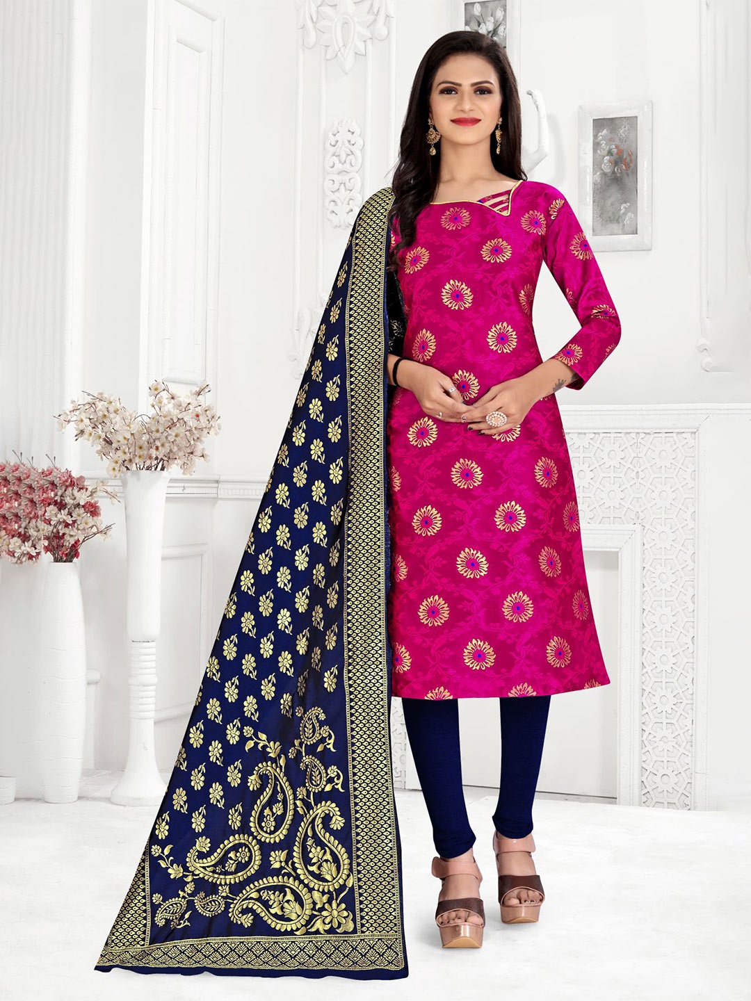 

MORLY Pink & Blue Dupion Silk Banarasi Unstitched Dress Material