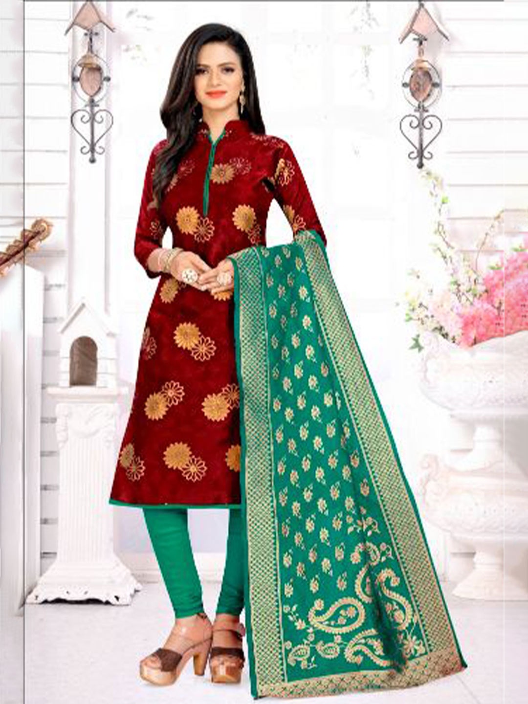 

MORLY Maroon & Green Dupion Silk Banarasi Unstitched Dress Material