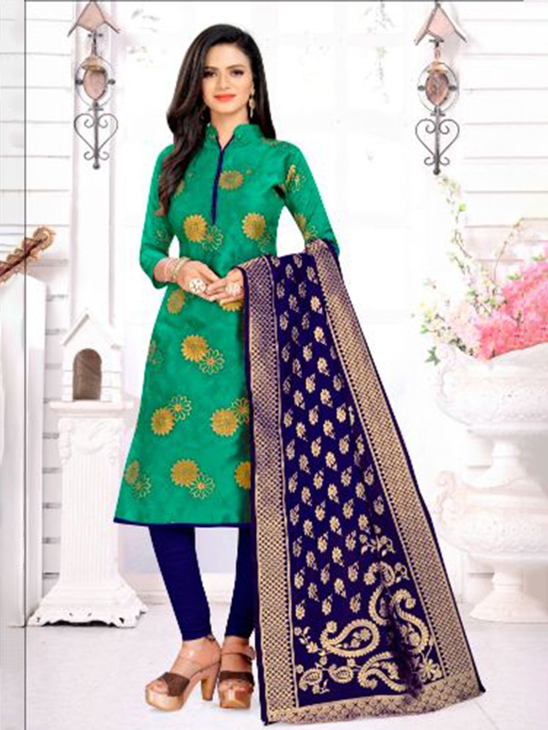 

MORLY Sea Green & Navy Blue Dupion Silk Banarasi Unstitched Dress Material