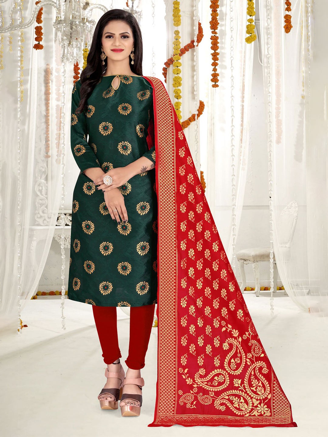 

MORLY Green & Red Dupion Silk Banarasi Unstitched Dress Material