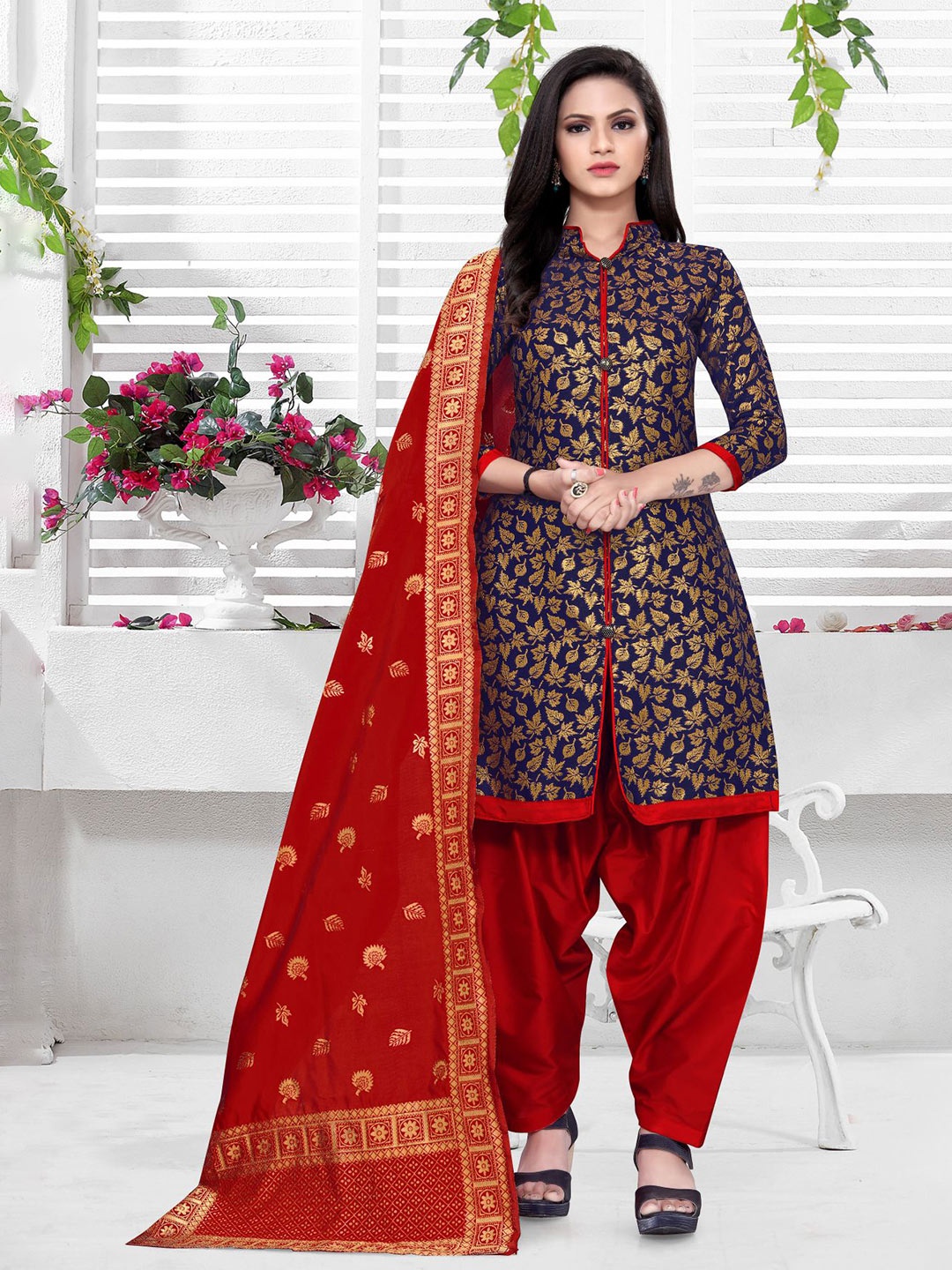 

MORLY Navy Blue & Red Dupion Silk Banarasi Unstitched Dress Material