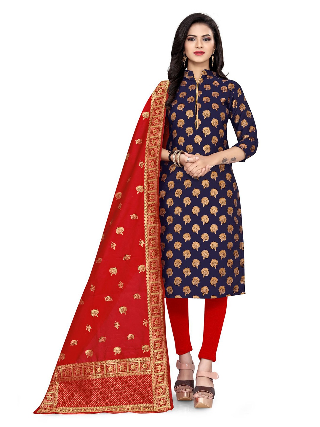 

MORLY Blue & Red Dupion Silk Banarasi Unstitched Dress Material