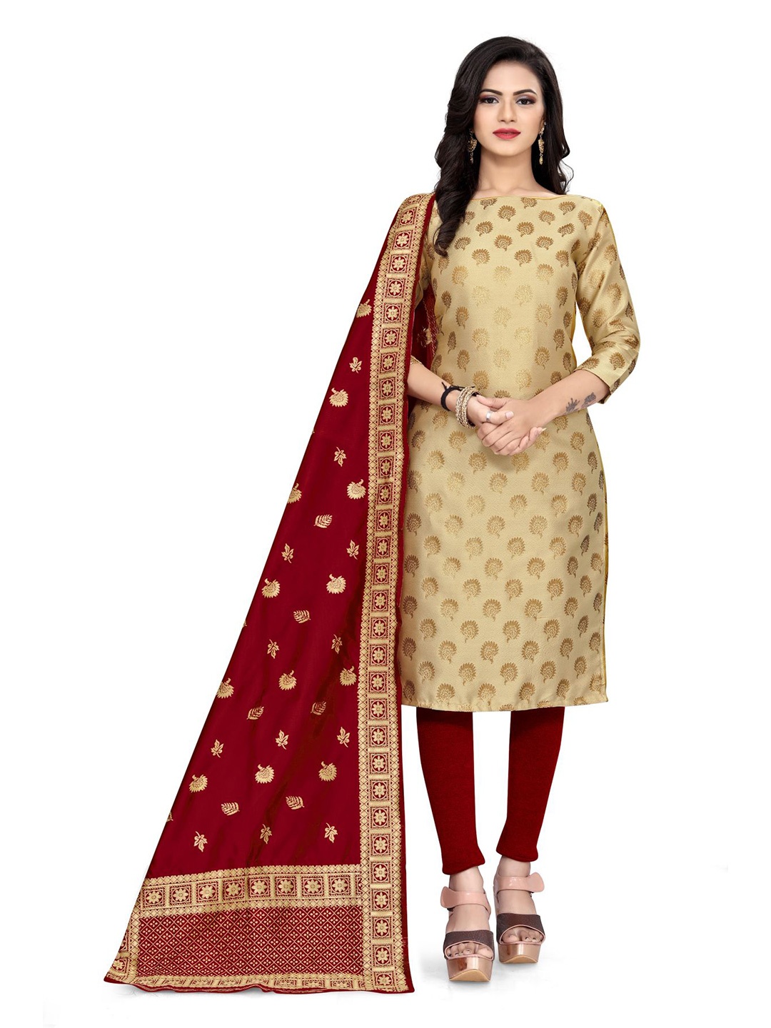 

MORLY Beige & Maroon Dupion Silk Banarasi Unstitched Dress Material