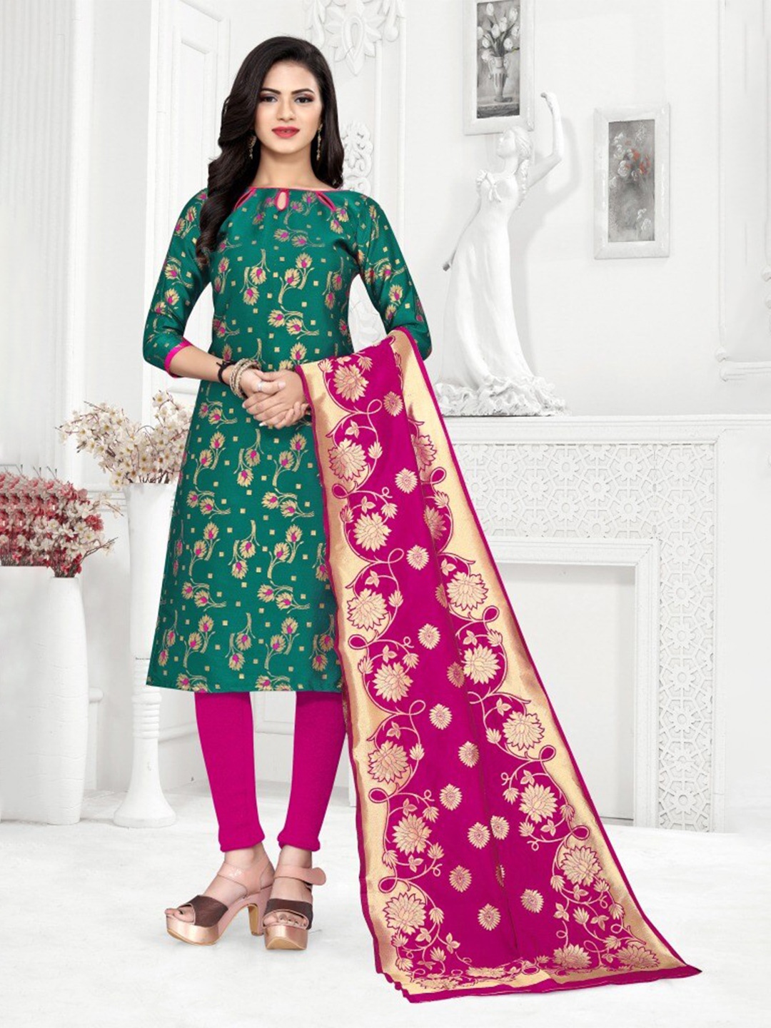 

MORLY Green & Pink Dupion Silk Banarasi Unstitched Dress Material