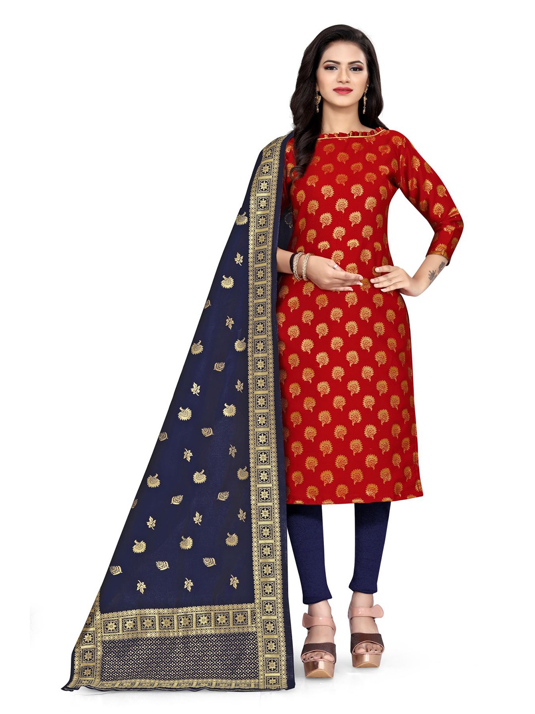 

MORLY Red & Navy Blue Dupion Silk Banarasi Unstitched Dress Material