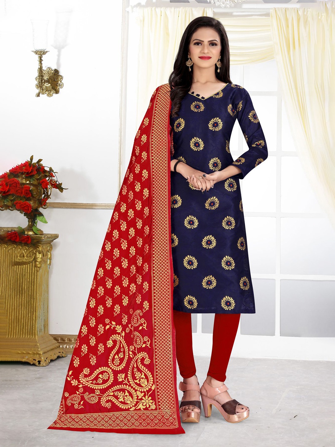 

MORLY Blue & Red Dupion Silk Unstitched Dress Material