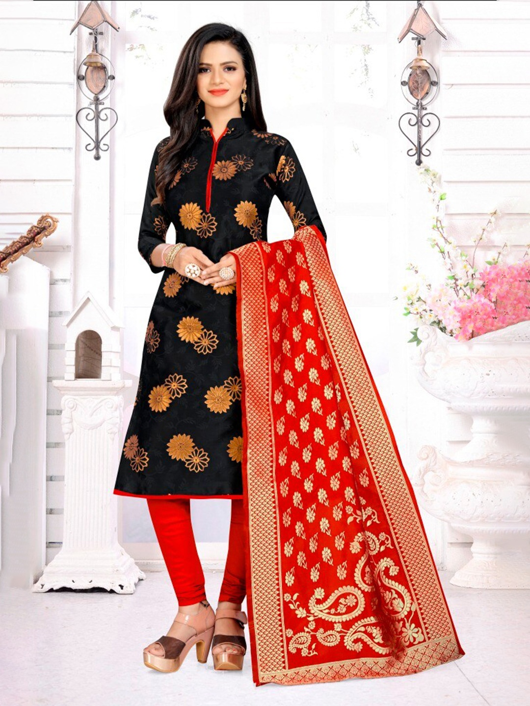 

MORLY Black & Orange Dupion Silk Unstitched Dress Material