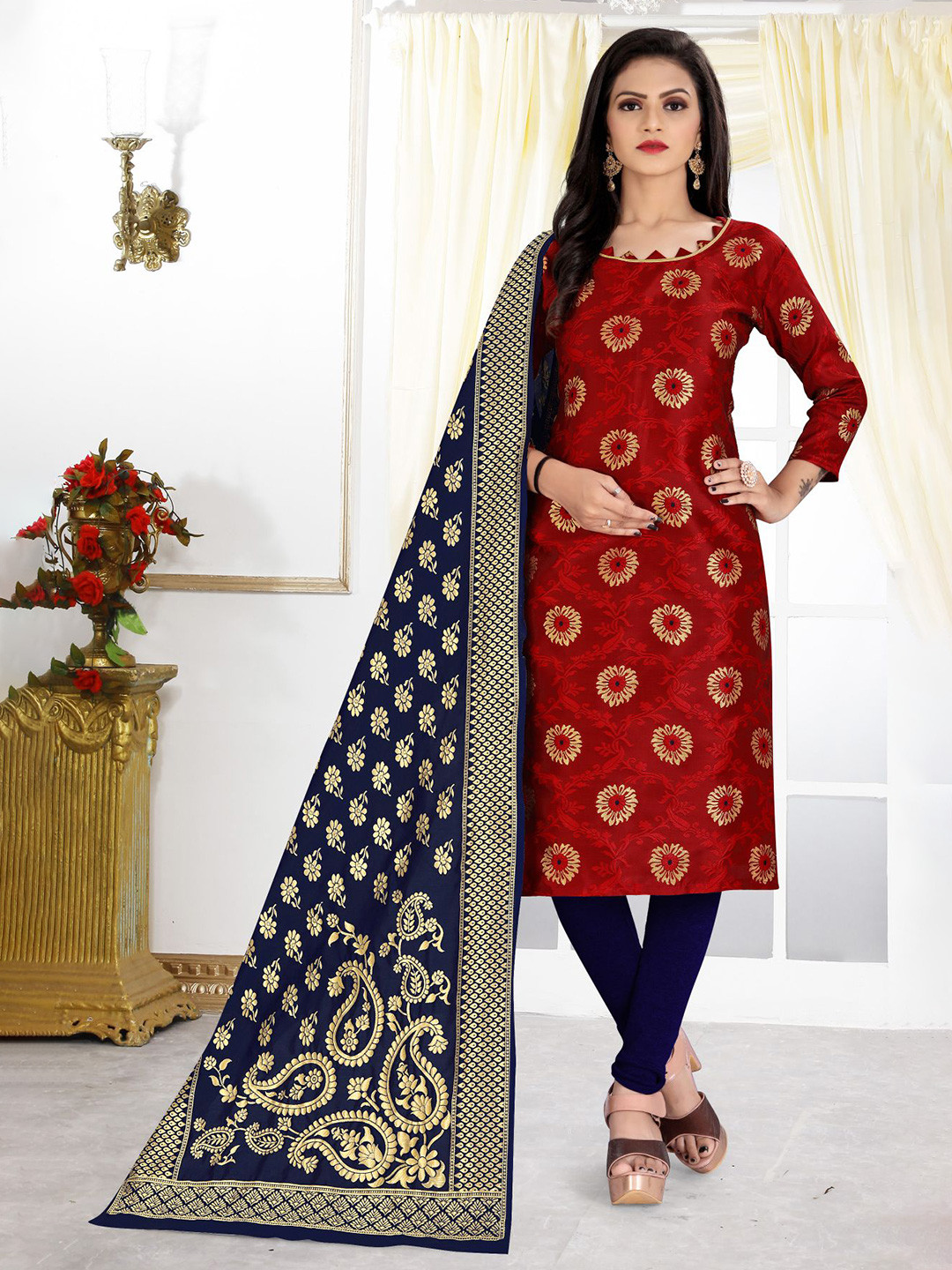 

MORLY Red & Navy Blue Dupion Silk Unstitched Dress Material
