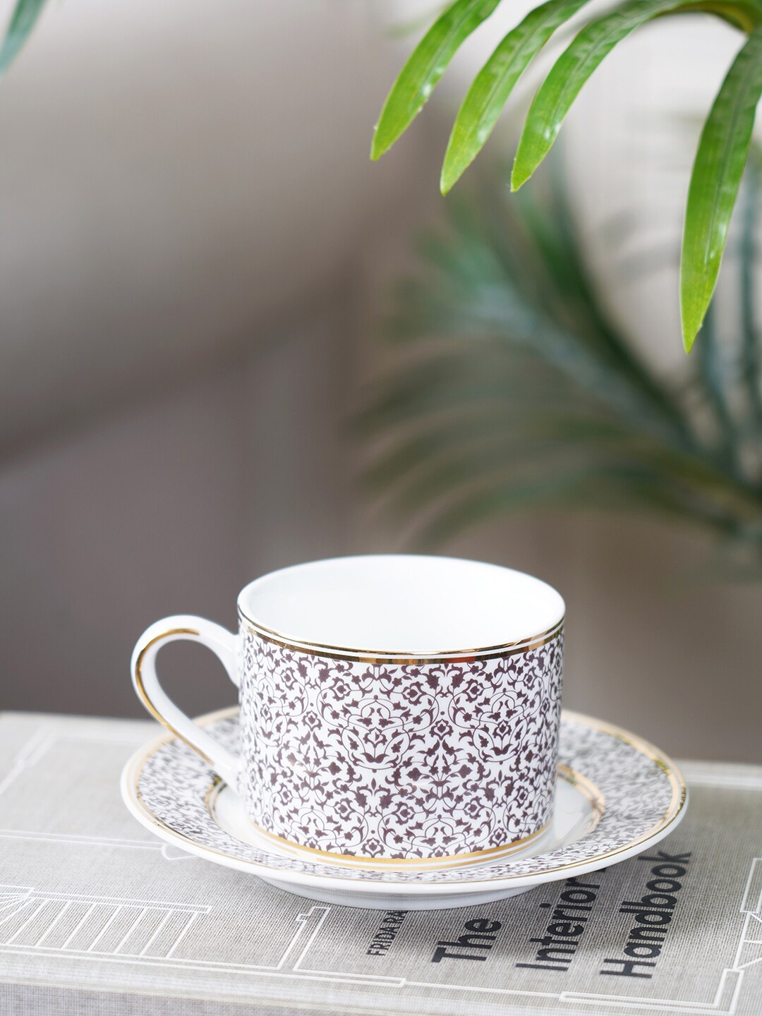 

Pure Home and Living White & Grey Set of 6 Printed Porcelain Cups and Saucers 300 ml Each