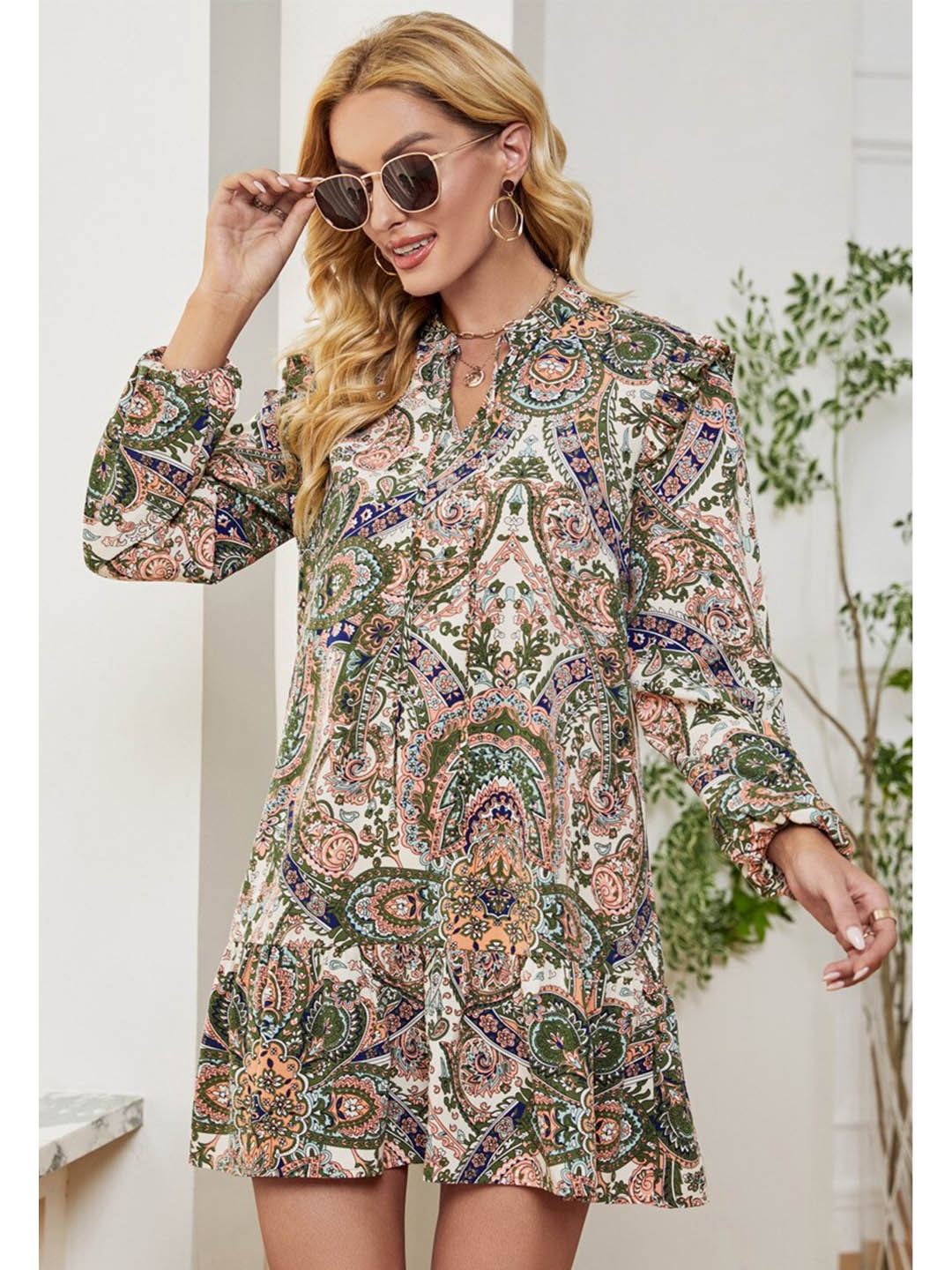 

BoStreet Women Green Ethnic Motifs Tie-Up Neck A-Line Dress