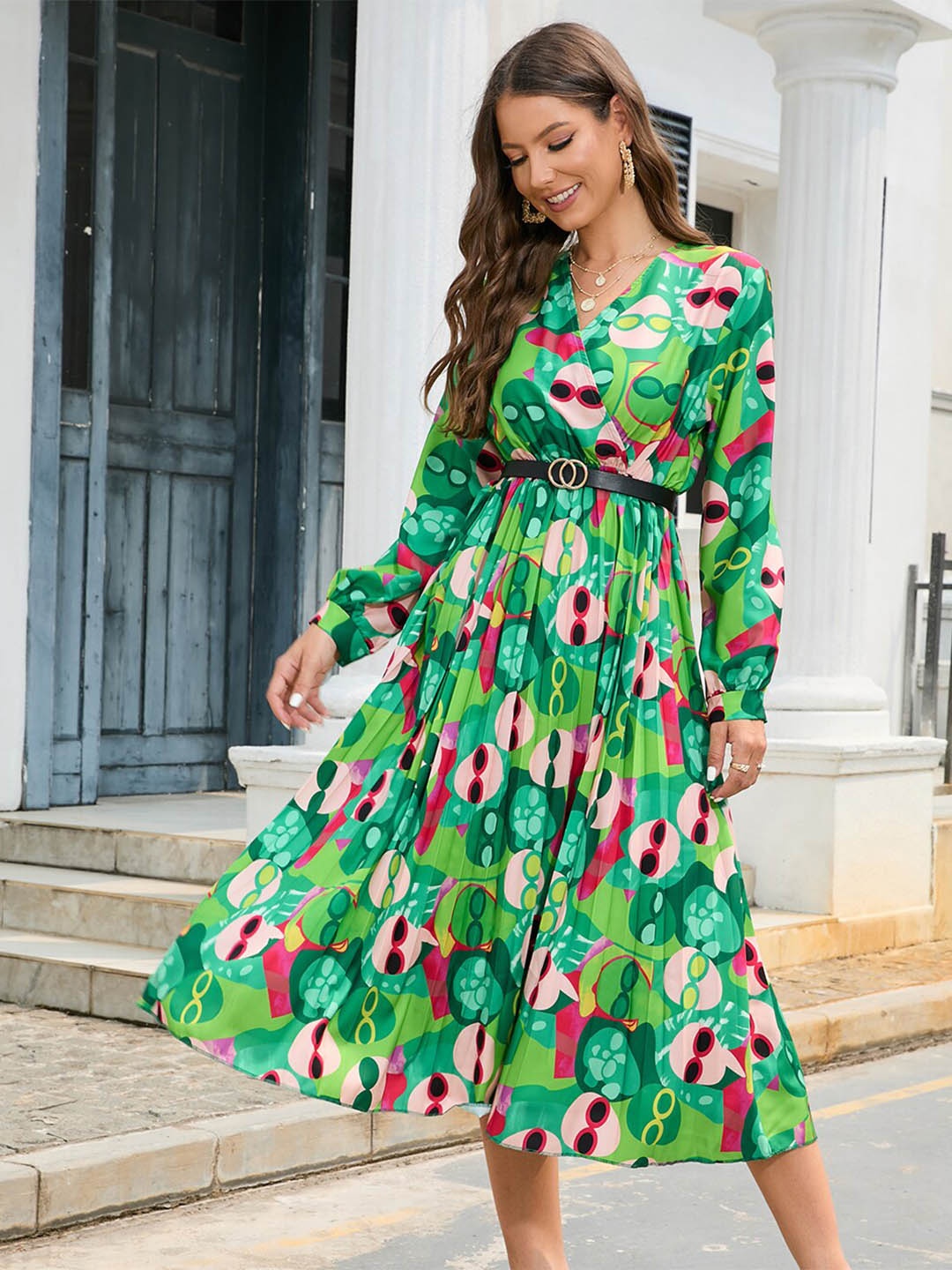 

BoStreet Women Green Printed Fit and Flare Midi Dress