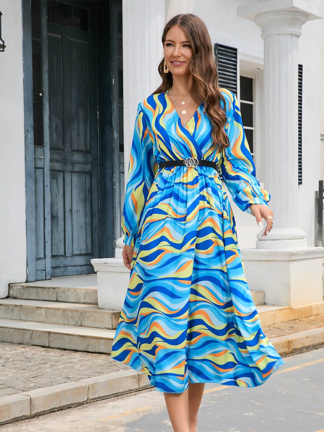 

BoStreet Women Blue & Yellow A-Line Midi Dress