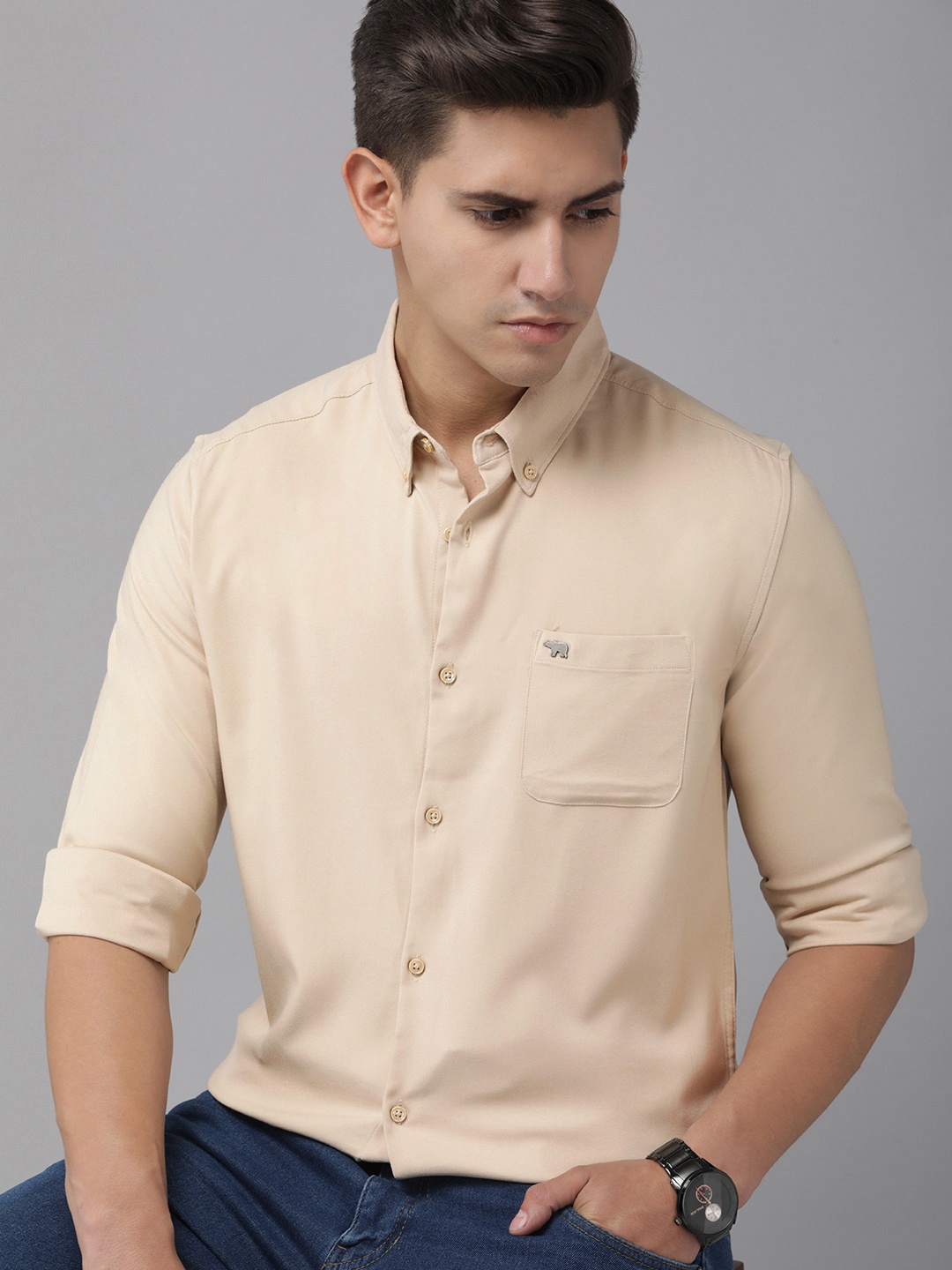 

THE BEAR HOUSE Men Beige Solid Slim Fit Casual Shirt